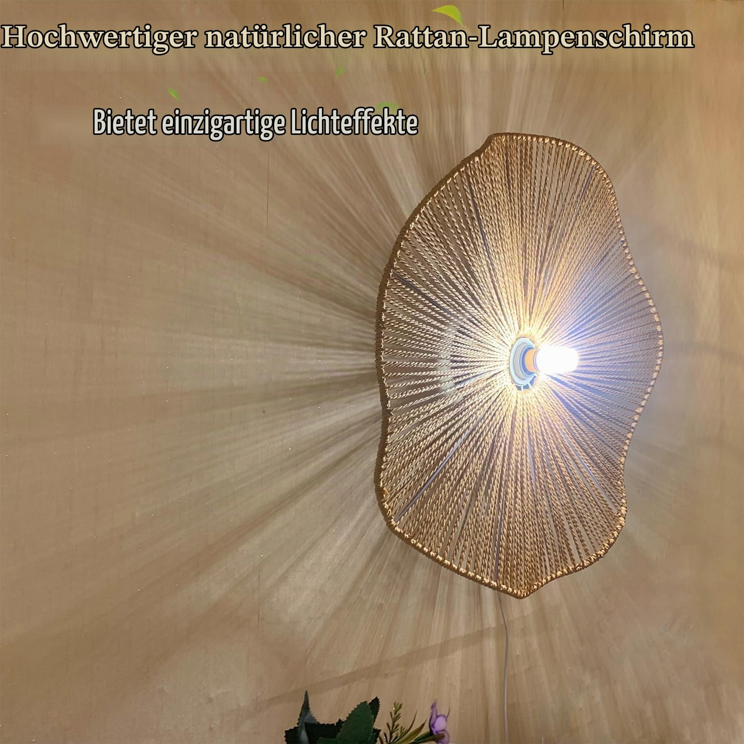 KZT 40CM Vintage Wandlampe mit Dimmbar Schalter und Stecker Boho Rattan Wandleuchte Innen E27 Nachttischlampe Rustikal mit 180cm Kabel für Schlafzimmer Wohnzimmer Flur Cafe