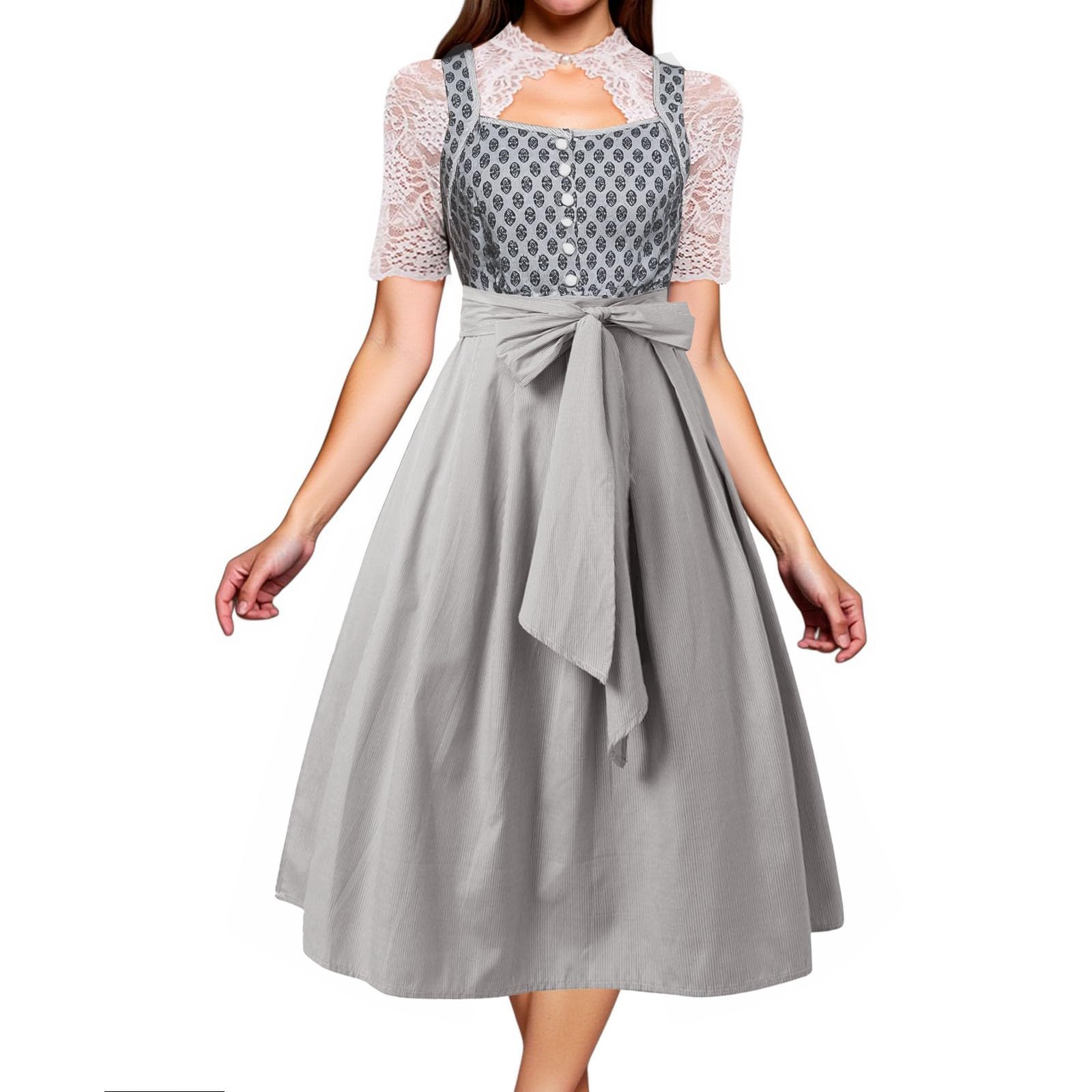 Dirndl Grosse Grössen, Oktoberfest Damen Outfit Dirndl Lang mit Knöpfen 2 Set Inkl. Hängerkleid Ärmellos und Dirndlschürzen. Damenmode Trachtenkleid Modern Dirndl-Komplettsets Dirndlkleid für Party