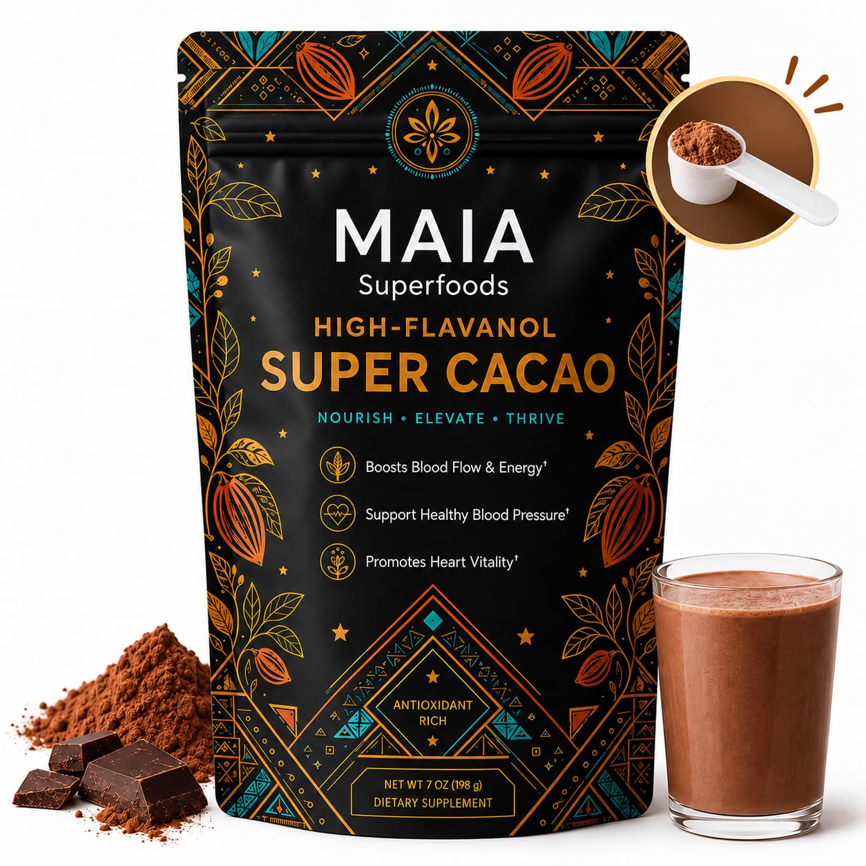 Cacao de cérémonie, mélange de cacao non sucré pour un usage quotidien, goût riche et lisse, facile à préparer chaud ou froid, comprend une cuillère à mesurer