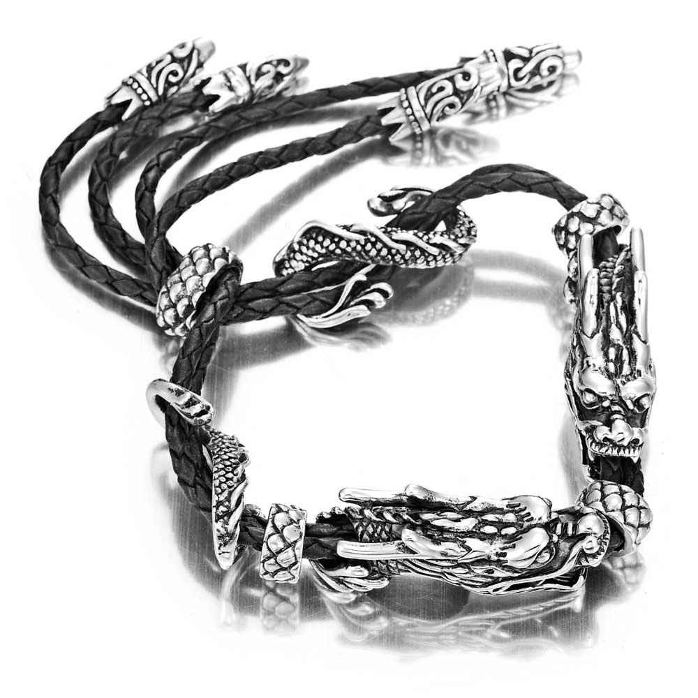 Superbe Cuir véritable en acier inoxydable double dragon Bracelet (réglable, noir, Argent)