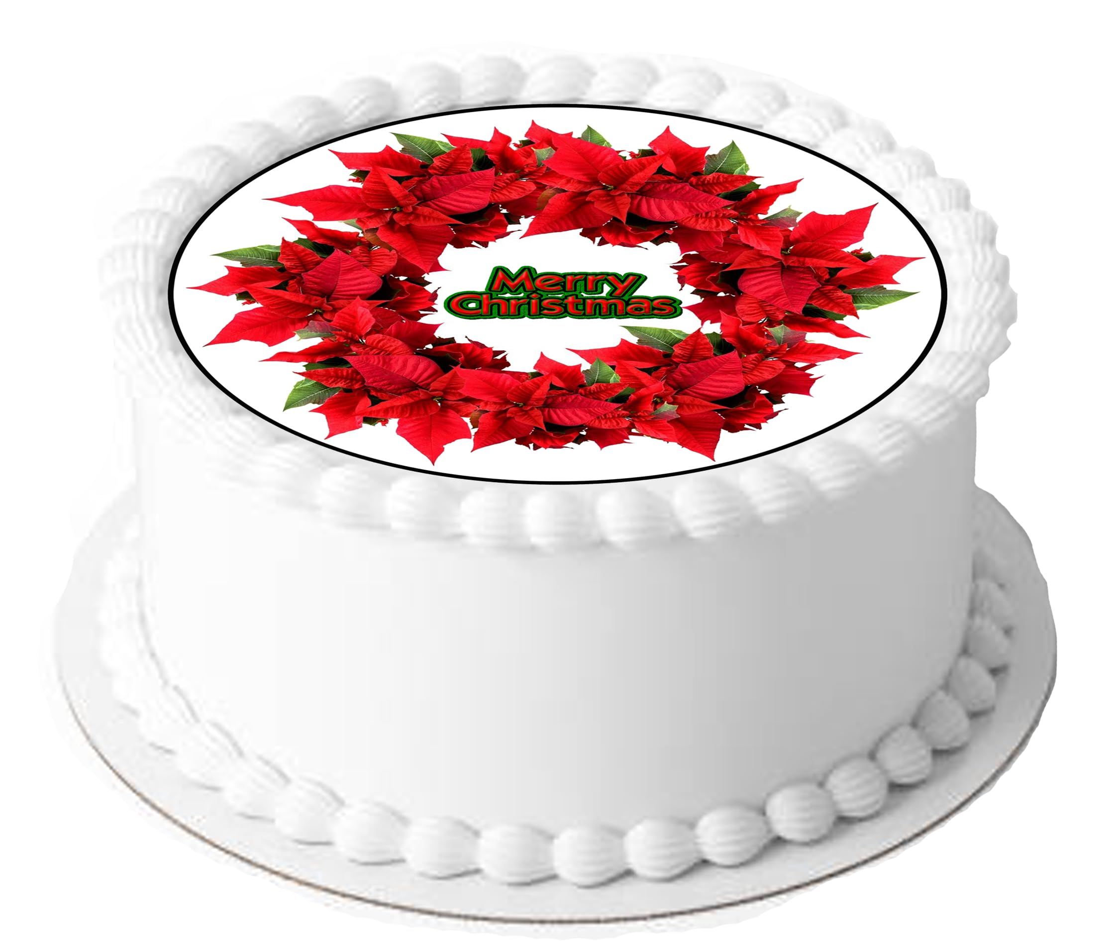 Christmas Poinsettia Wreath on Decor Icing Sheet Edible Cake Topper - Perfect for Decorating Larger Cakes