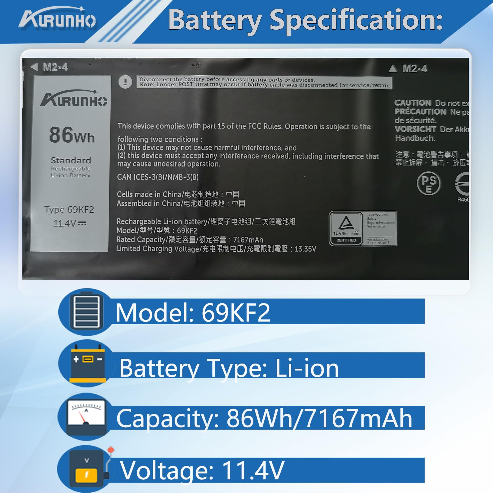 Amazon.com: 69KF2 86Wh Laptop Battery Replacement for Dell XPS 15
