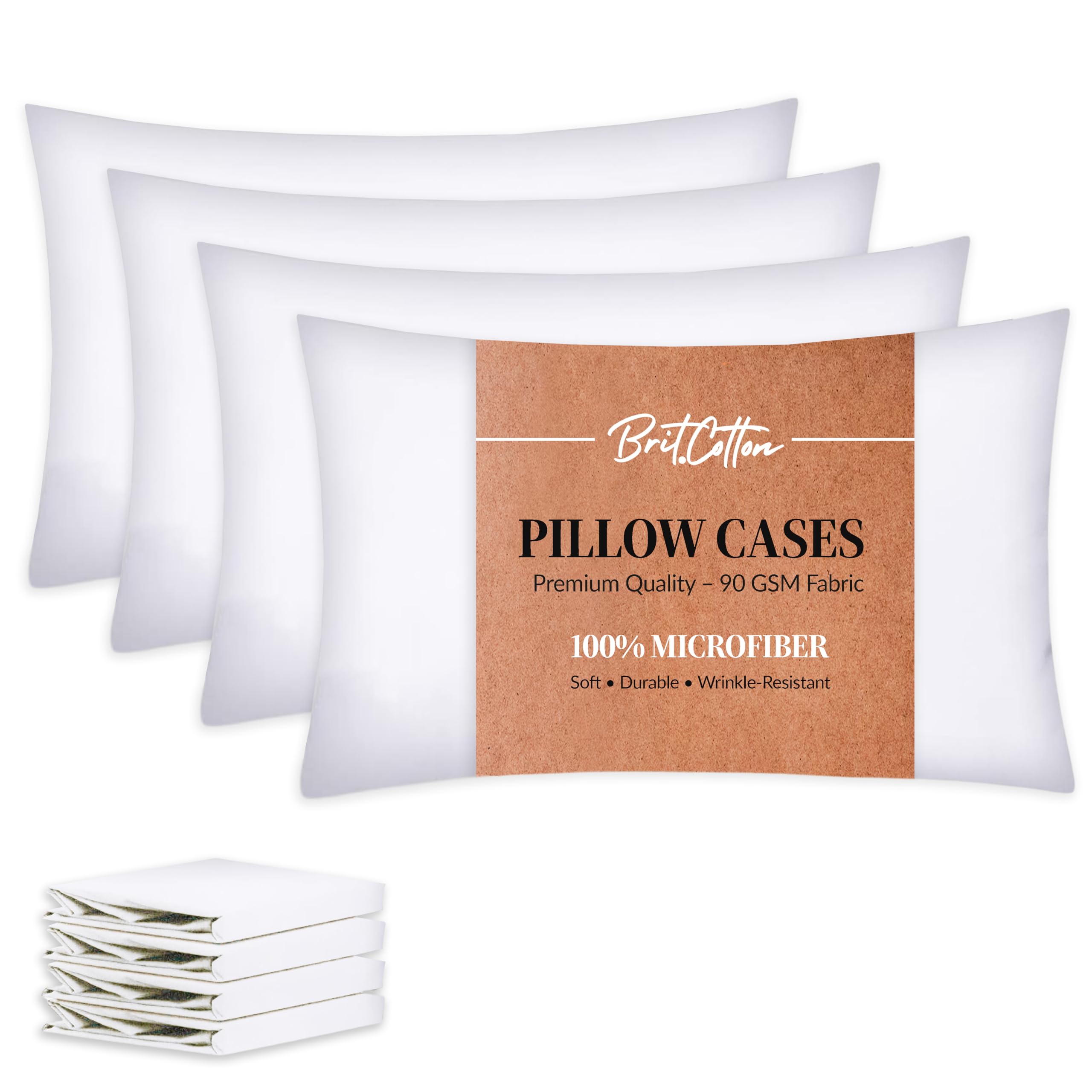 Brit Cotton-White Pillow Cases 4 Pack-1800 Super Soft 100% Brushed Microfibre Pillowcases-Envelope Closure-Non Iron,Breathable,Fade & Stain Resistant - Standard Size (50x75cm) Pillow Covers