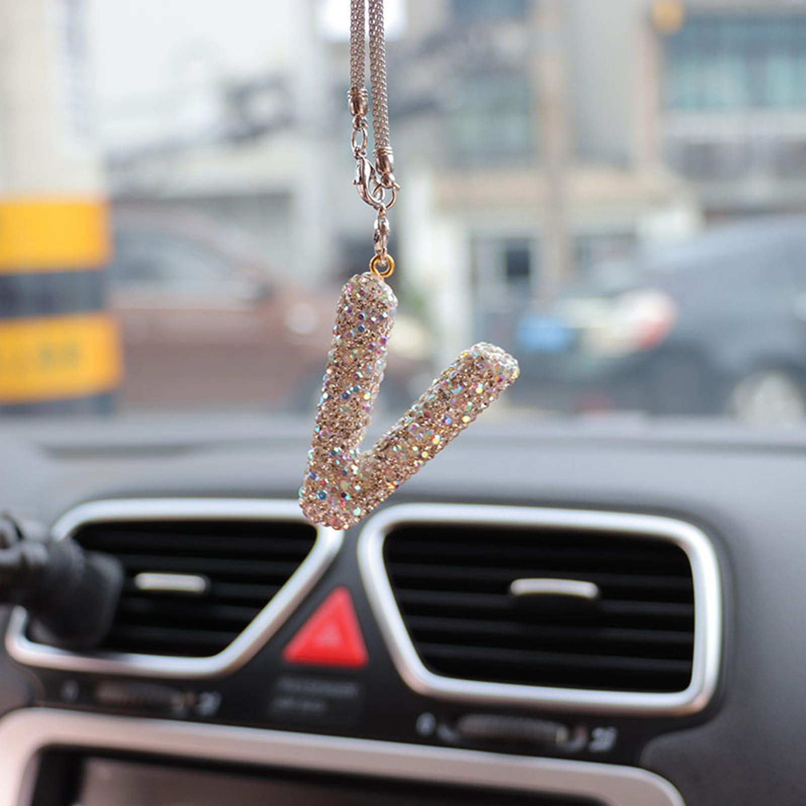 Plorede Women's White V Bling Car Letter Charm, Car Rear View Mirror Ornament, Diamond Car Accessories, Rhinestone Auto Mirror Hanging Decor For Rearview Mirror Accessories (White V)