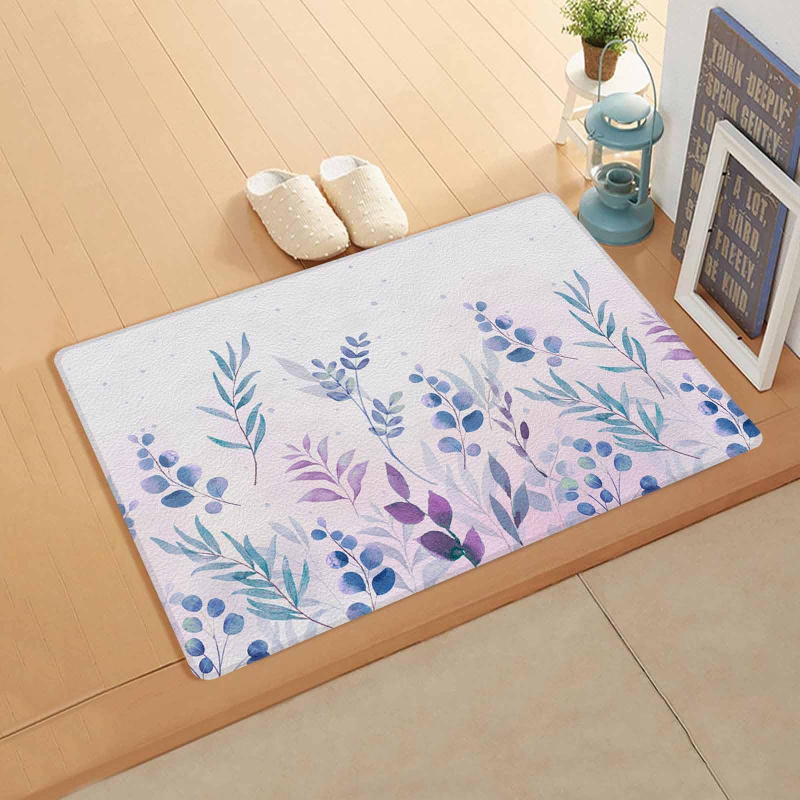 Watercolor Botanical Kitchen Bath Door Mat Cushioned Runner Rug,Washable Welcome Floor Sink Antifatigue Mat,Waterproof & Non-Slip Comfort Standing Doormat,Eucalyptus Leaves Flower Herb 18