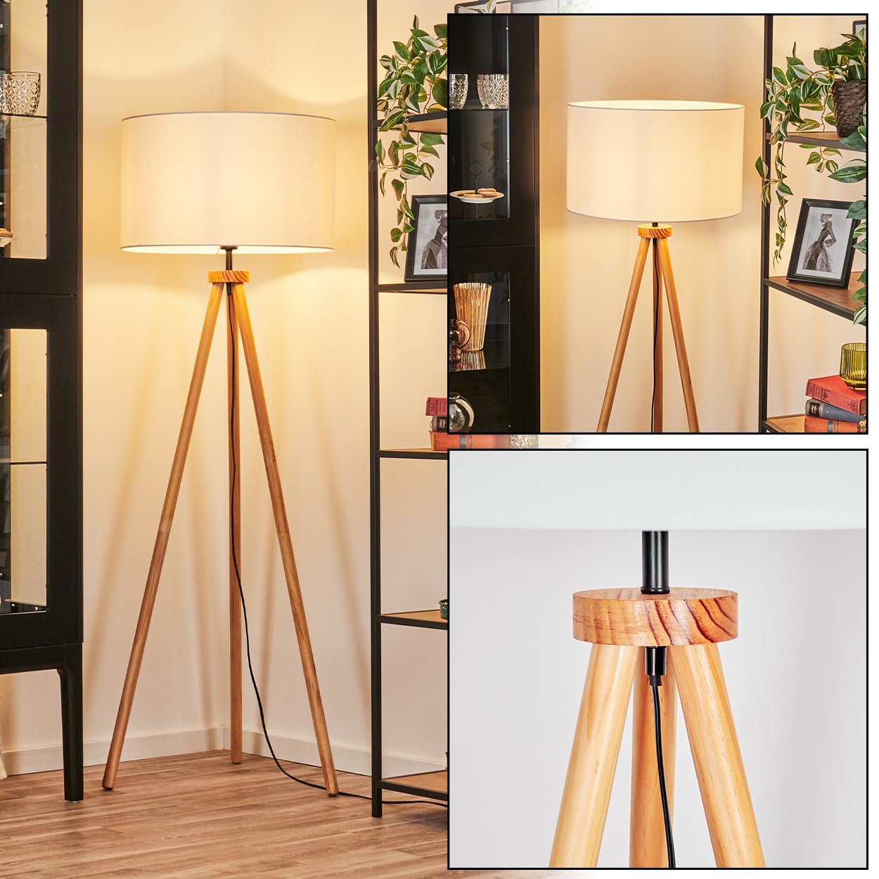 HOFSTEIN Stehleuchte Flemming, Stehlampe aus Holz/Metall im modernen Boho-Design, Schirm aus Stoff, Ø 50 cm, 154 cm, E27, Fußschalter - Wohnzimmer, Schlafzimmer, Esszimmer, Flur