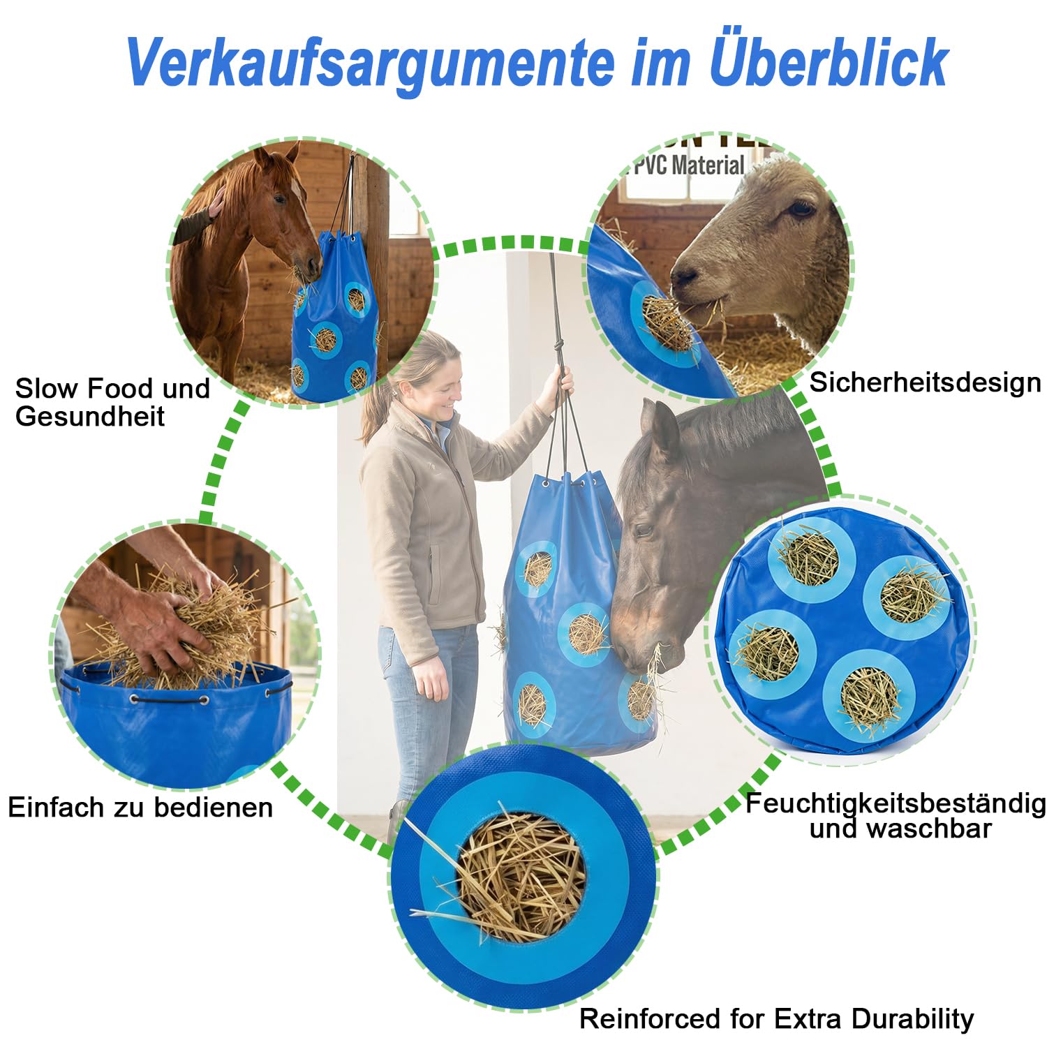Heunetz für Pferde Verstärktes Futterloch 70x40cm Strapazierfähig Reißfest Blau