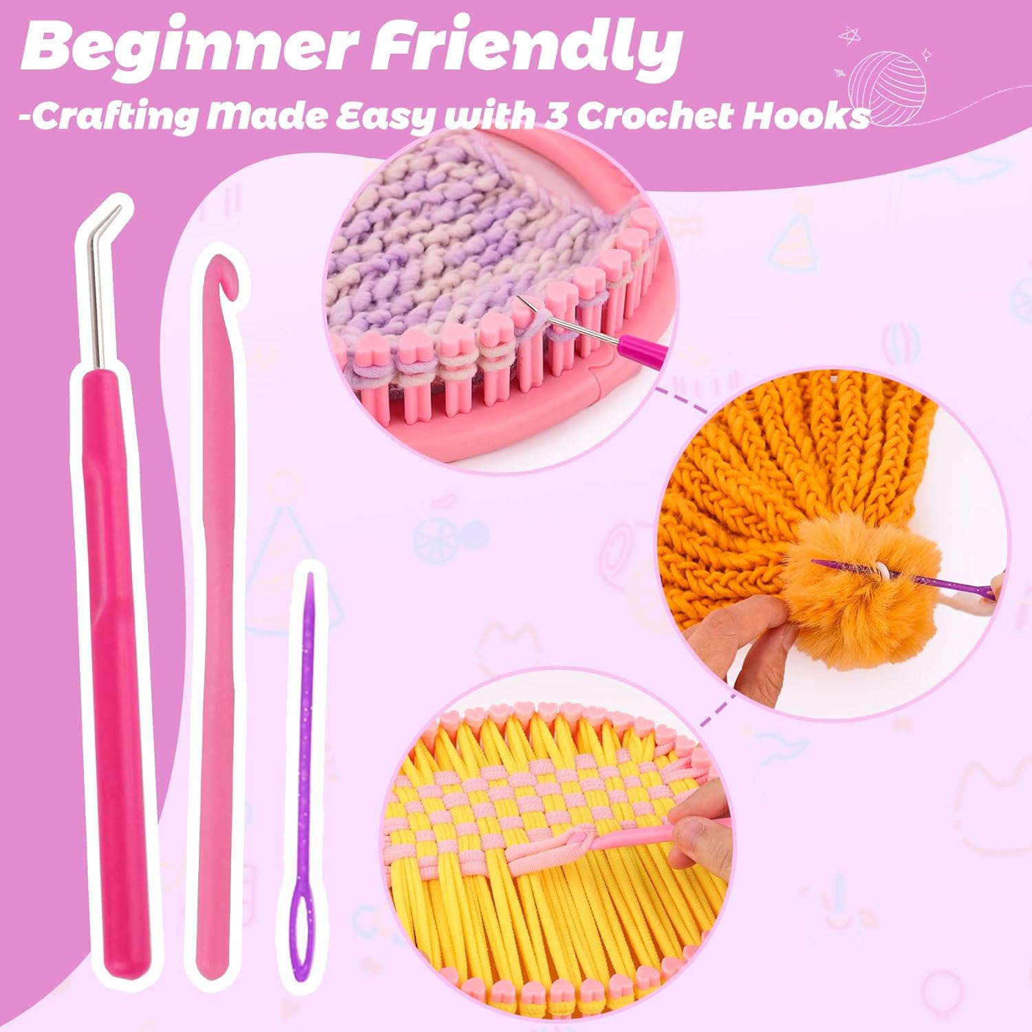 Knitting Loom Craft Kit for Kids & Beginners - Create Hat & Scraf with Yarn, Hook Needle, Ideal Birthday Christmas Gifts for Teens Girls Age 6-8 8-12 14+, Pink Loom - Image 4