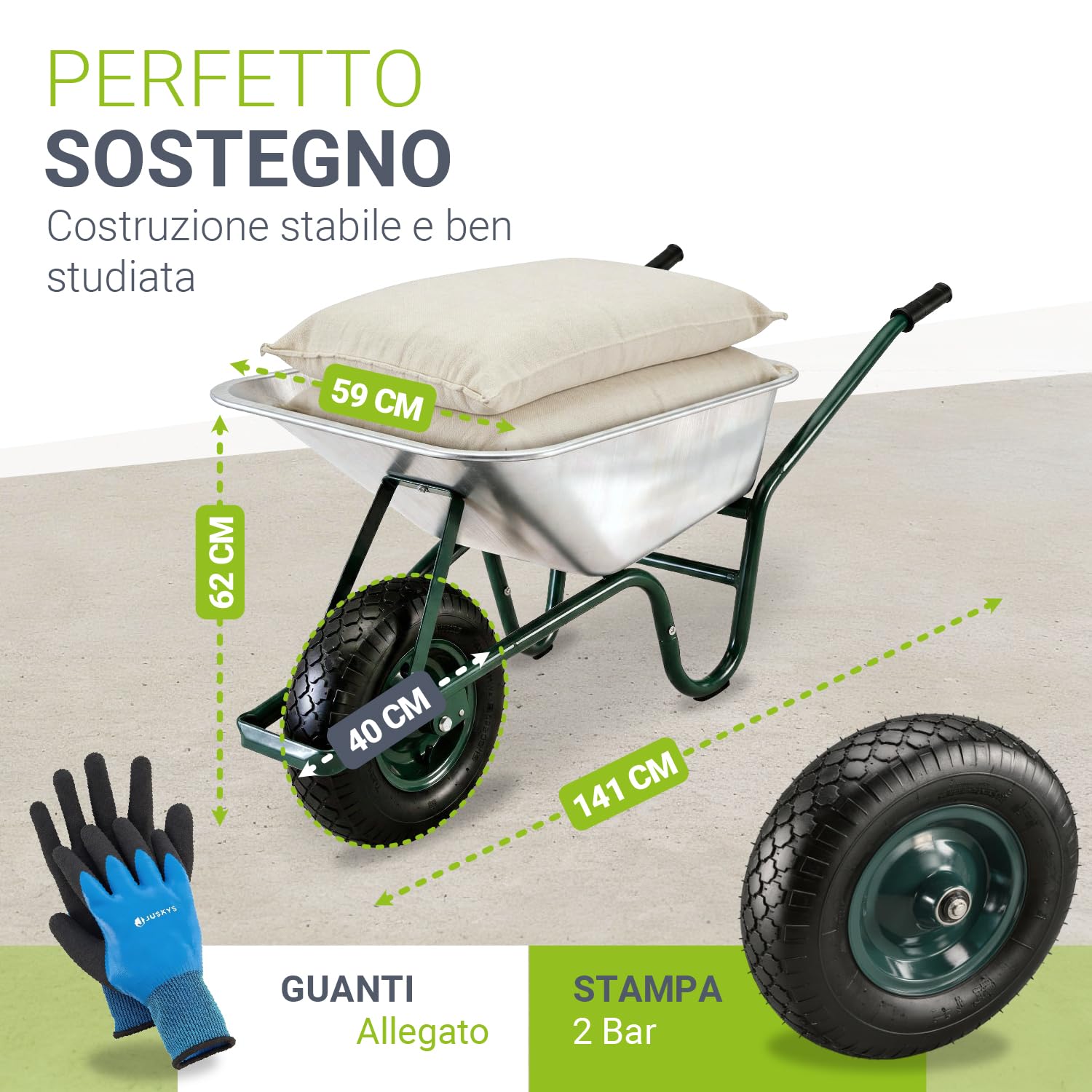 Juskys Carriola da Giardino | Volume 100 Litri | 210 kg | Ruote Pneumatiche Con Cerchio in Metallo | Vasca Zincata | Carriola a Spinta da Trasporto