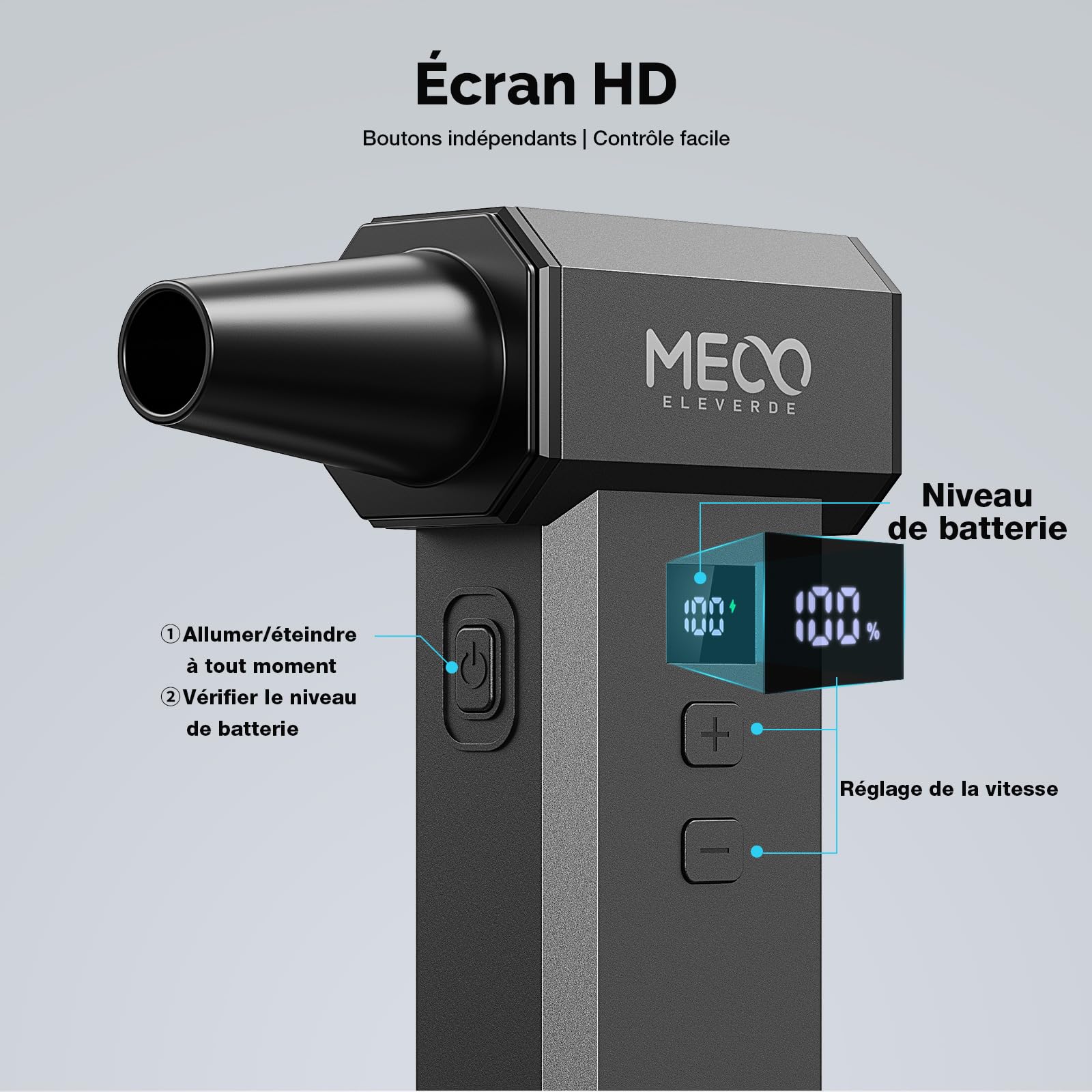 MECO ELEVERDE Souffleur Air Comprimé, 220.000 TR/Min, 100 vitesses et Affichage LED Mini Soufflette Sans fil Puissant avec Batterie 8000mAh, Bombe Air Sec pour Nettoyage PC, Voiture, Clavier, Maison