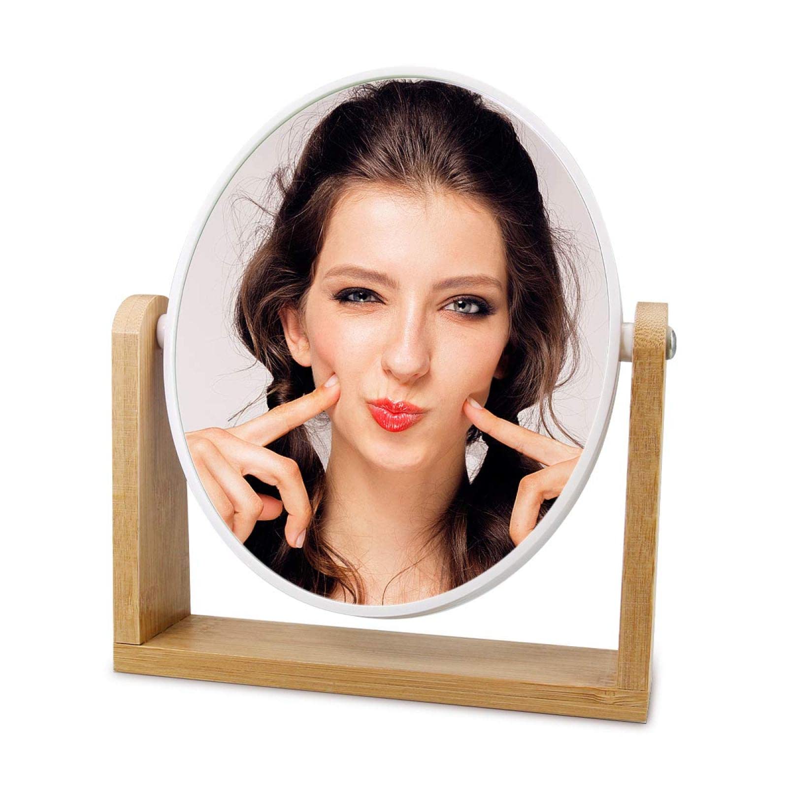 Specchio per Trucco cosmetico con ingrandimento 1x/3x per scrivania con Supporto in bambù, Specchio ingranditore con Rotazione a 360° su Entrambi i Lati, specch
