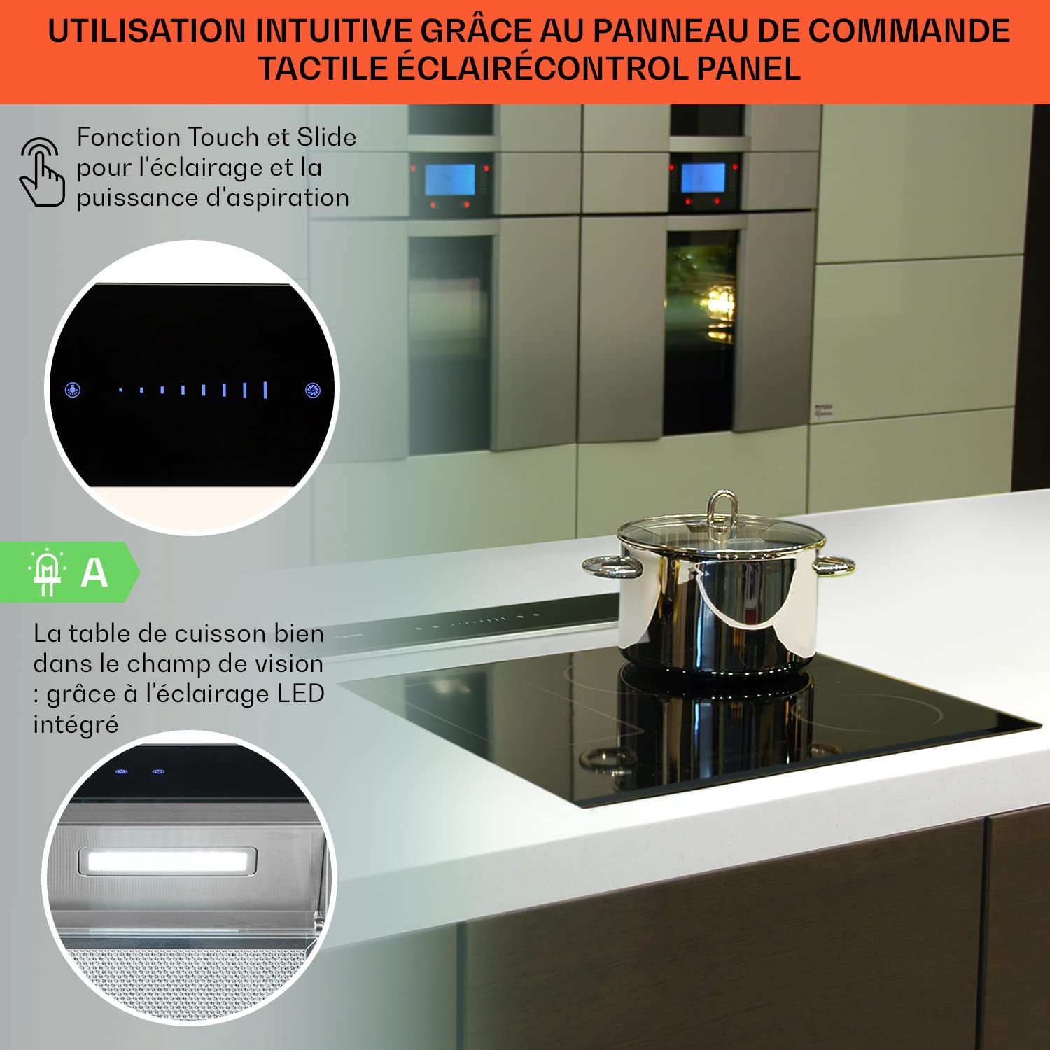 Klarstein Downdraft Hotte Aspirante, Encastrable et Silencieuse pour Cuisine, Débit d'Air 485m³/h, Filtres Inclus, 4 Modes de Ventilation, Mode Recirculation en Option, Minuterie, Sans Evacuation
