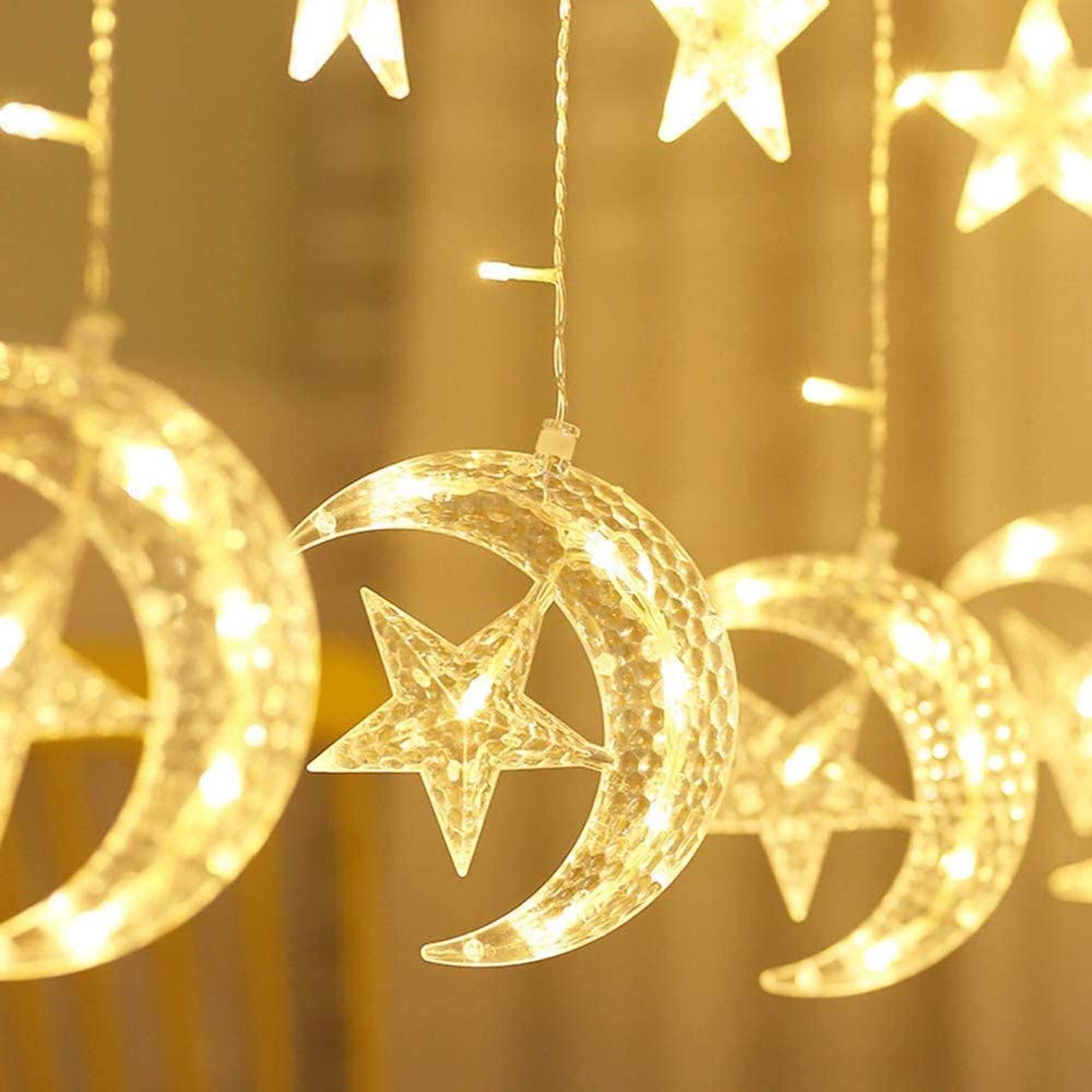 FUCHSUN $$$ Curtain String Light LED Icicle Light Transparent Strand 8 Modes Waterproof Indoor Outdoor Home Decorative Lights Crescents and Stars (Moon&Star)