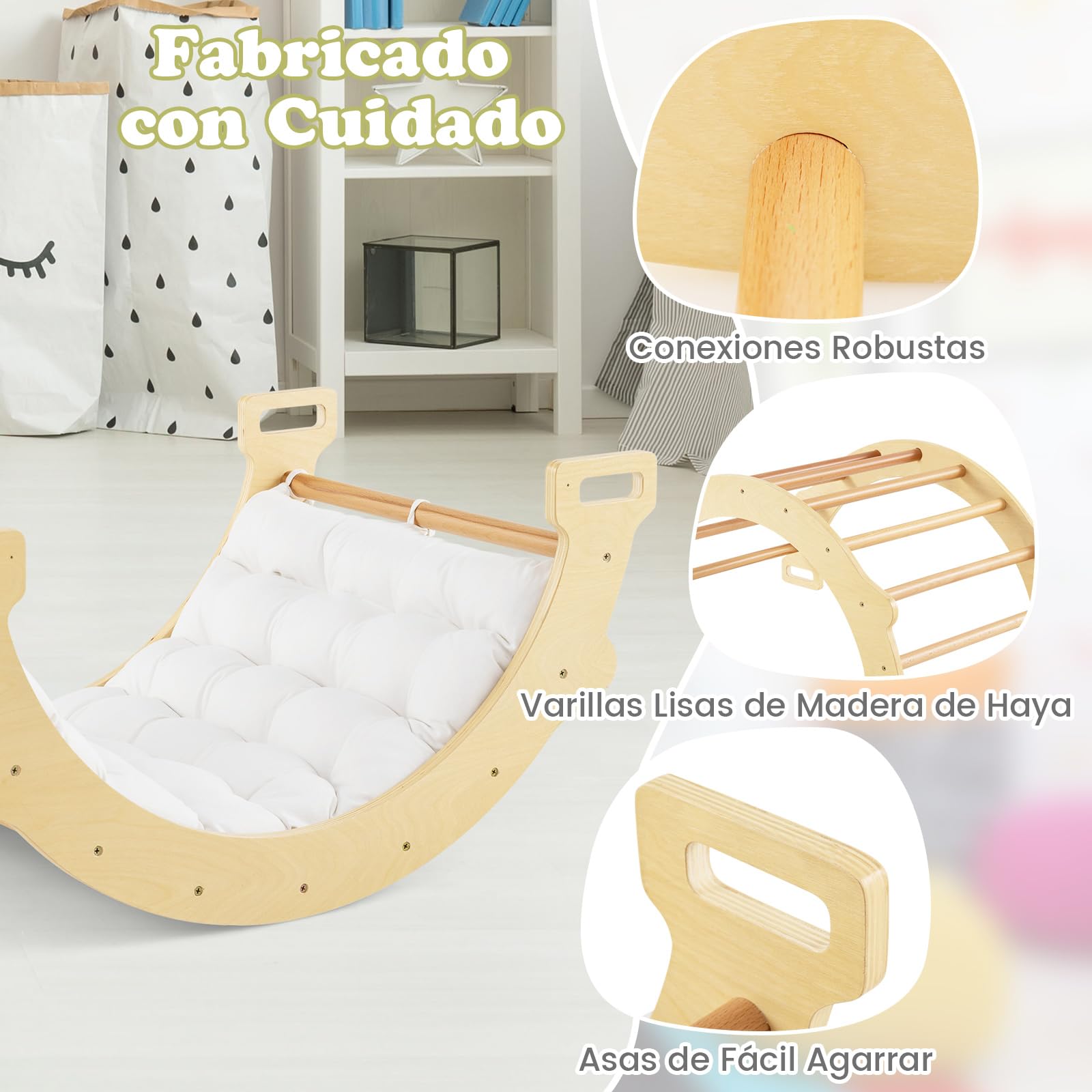 COSTWAY Triángulo de Escalada 2 en 1 con Cojín Suave, Arco de Escalada de Doble Cara, Juguete de Escalada y Balancín de Madera para Niños de 1 + Años para Jardines de Infantes (Natural)
