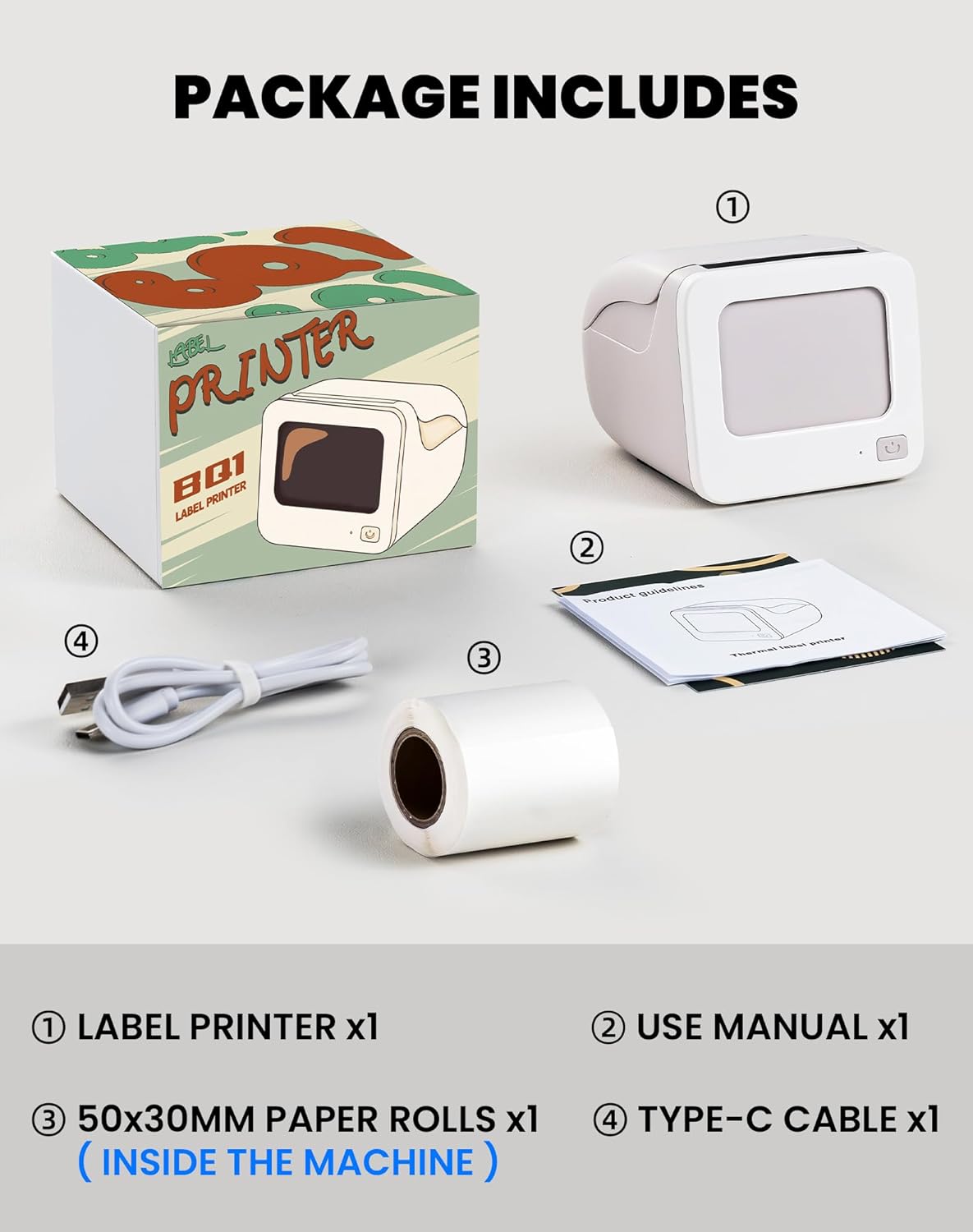 Contents of the vretti BQ1 label printer package including printer, manual, label roll, and USB-C cable