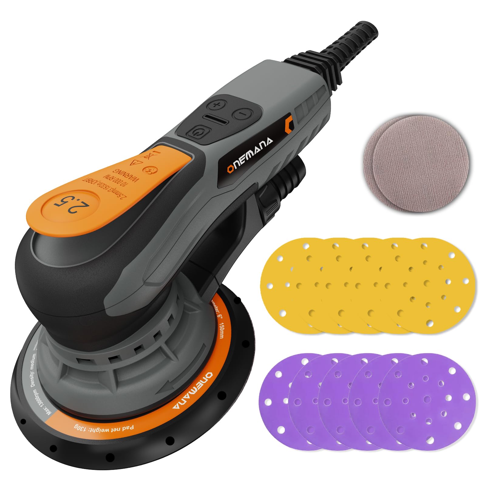 ONEMANA 150mm Random Orbital Sander: brushless Electric Sander, 2.5mm Orbit, 350W, 6-Speed (4-10k RPM), dust Collection, 150mm pad. As an Orbital Sander, It's a Sander for Wood & Sanding Machine
