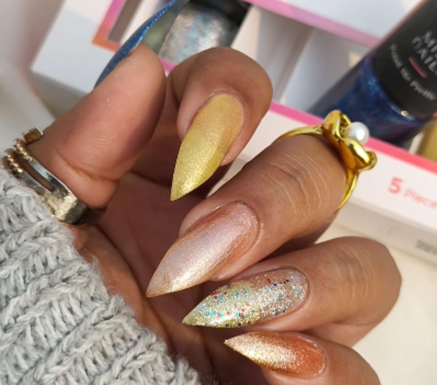 Miss Nails Shimmery Finish Nail Polishes Color, 5 Piece Gift Set, Yellow, Dark Blue, Coffee Color, Brown, Silver shimmer nail polish glitter, Multi color nail polish gift set, Non-toxic & Long lasting