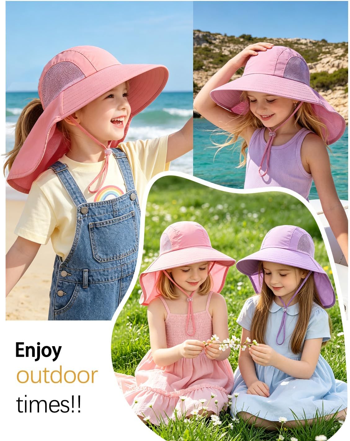 ZOORON 2-Pack Kids Sun Hat with Neck Flap, UPF 50+ Sun Protective Bucket Hat for Girls Boys, Summer Beach Hats for Kids