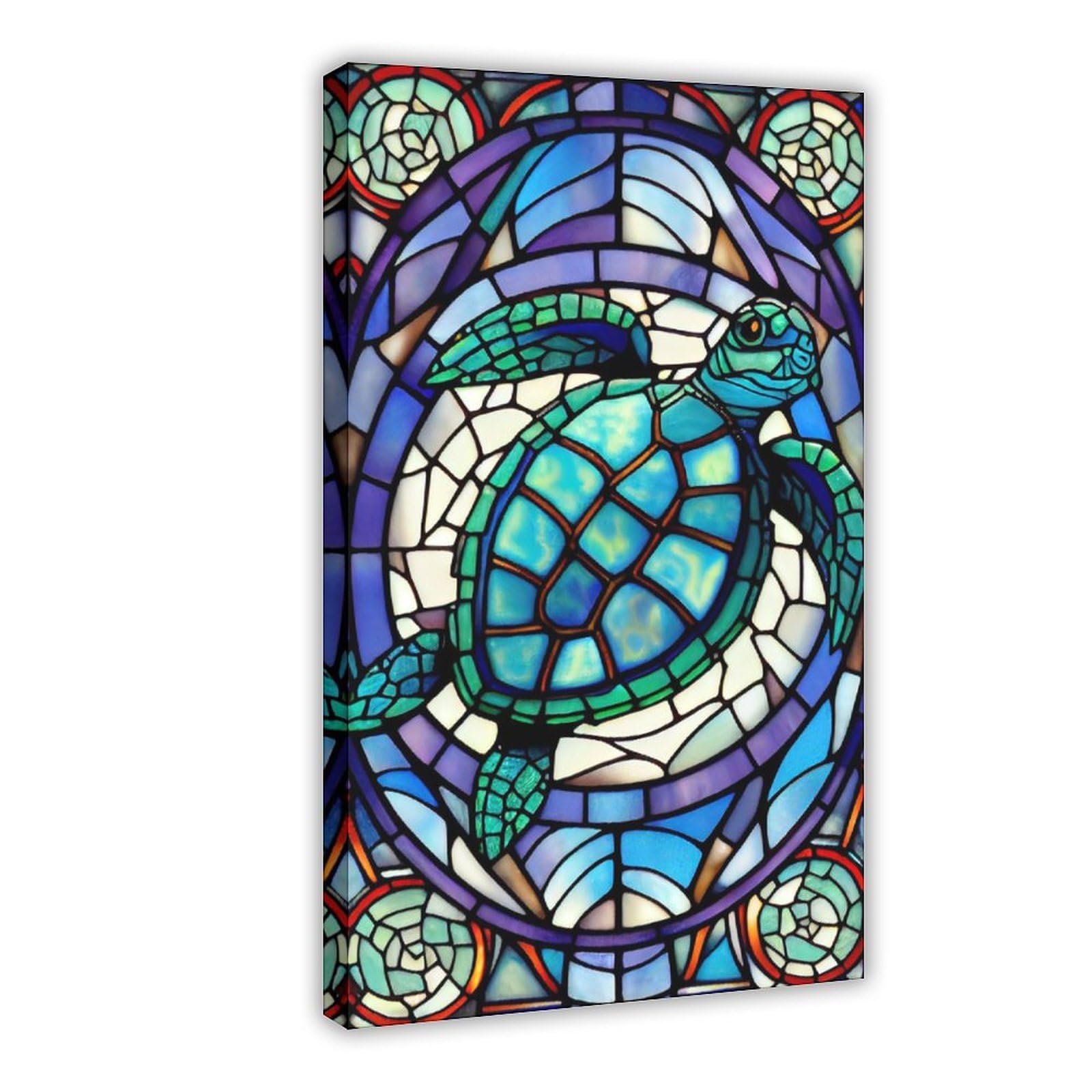 Turtel Stained Glass Style Canvas Poster Bedroom Decor Sports Landscape Office Room Decor Gift Frame 24x36inch(60x90cm)