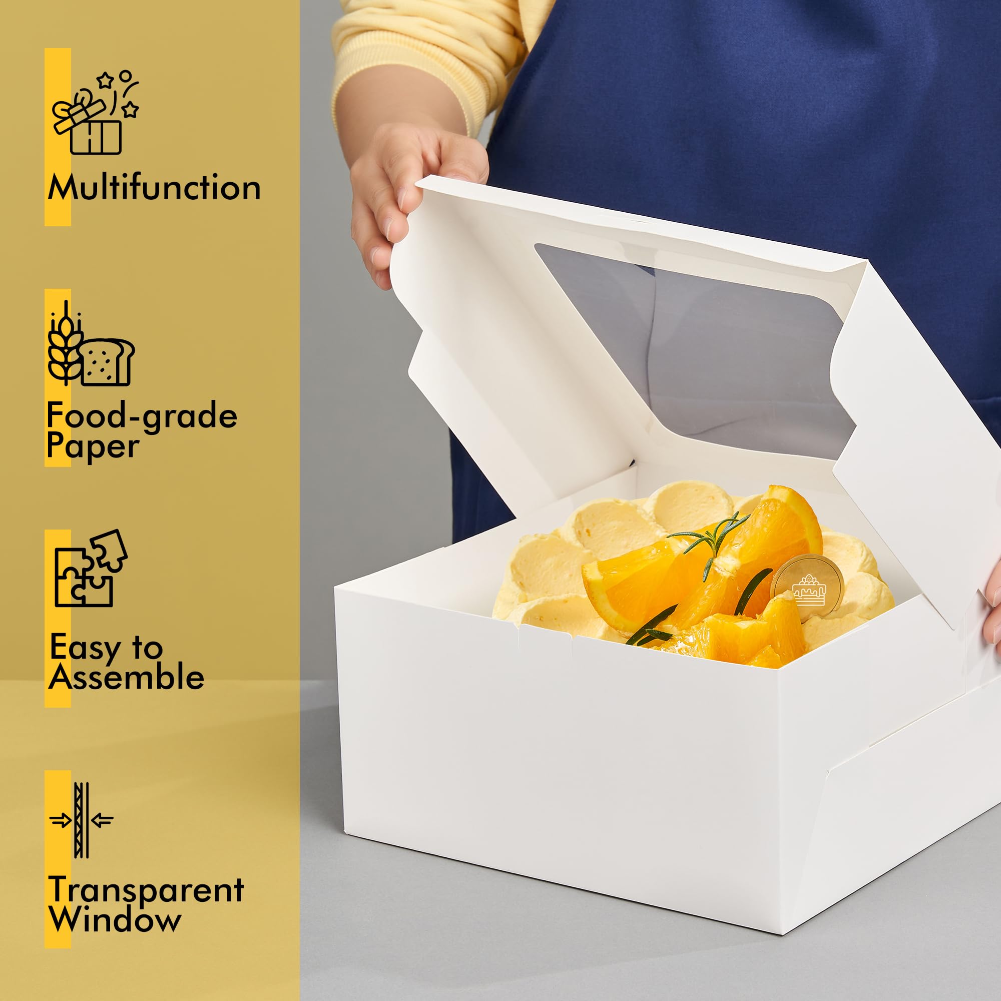 RACETOP 24 cajas para tartas con ventana, cajas de panadería blancas de 10 x 10 x 5 pulgadas, cajas de postre de galletas, caja de pastelería, caja cuadrada de cartón para pasteles, fiesta de