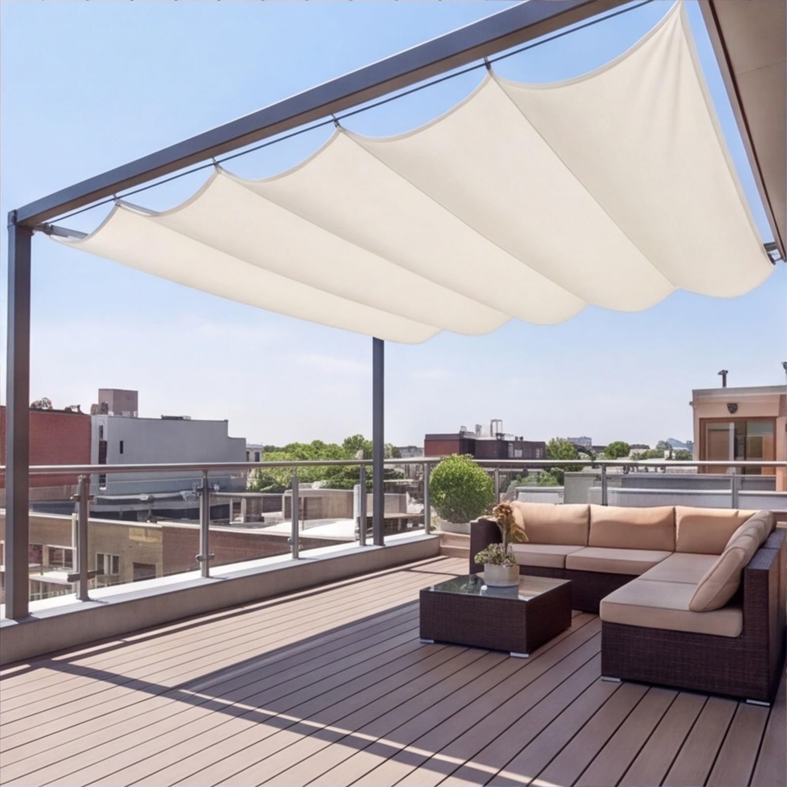 Wysuwana żagiel zacieniający 170 x 180 cm regulowana pergola ochrona przed promieniowaniem UV łatwa do zawieszenia teleskopowa fala żagiel zacieniający do ogrodu ganek na patio grill, kość słoniowa