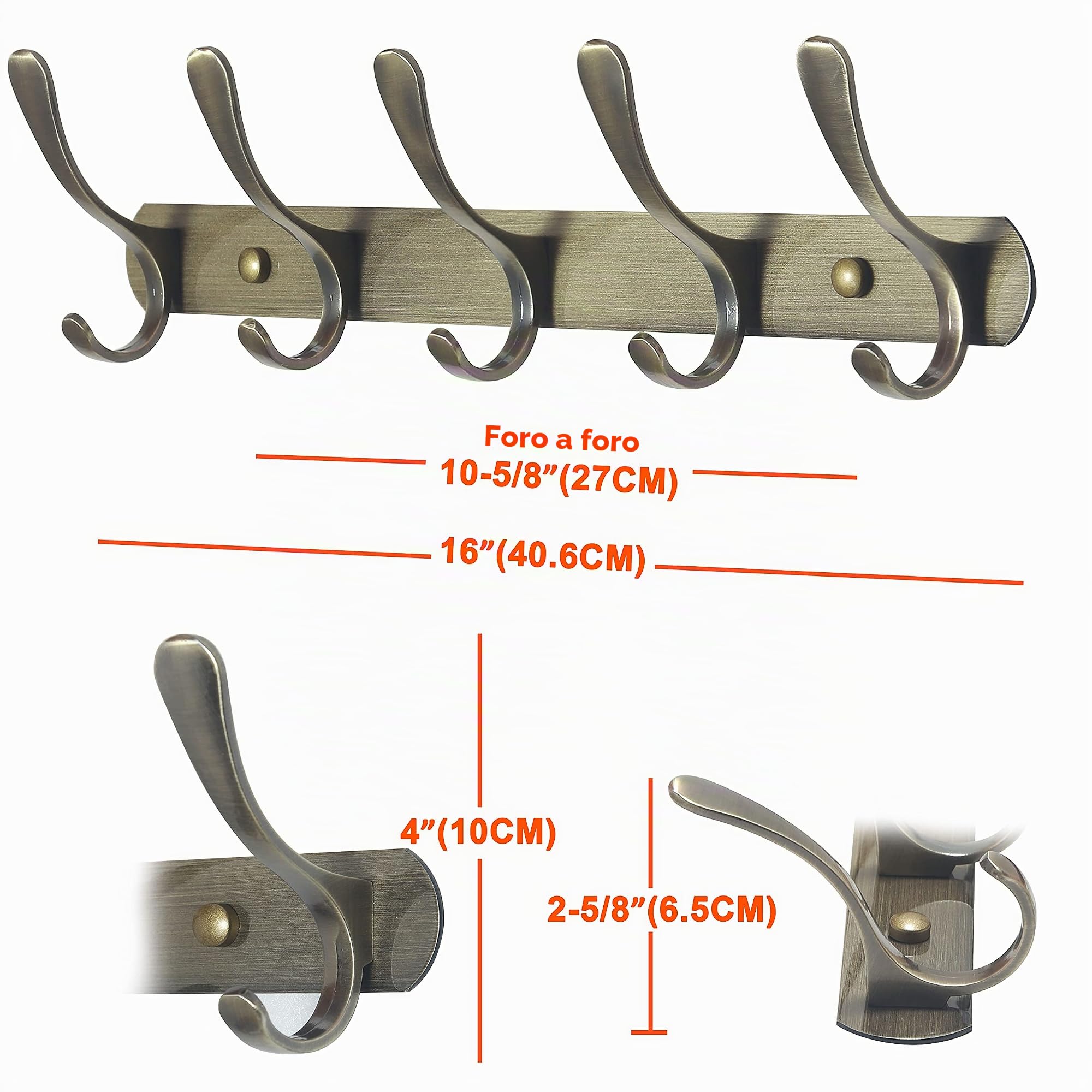 SKOLOO Appendiabiti da parete moderno con 5 ganci, confezione da 2, appendiabiti da parete in metallo per appendere cappotti, giacche, zaini, cappelli, appendiabiti da parete in bronzo