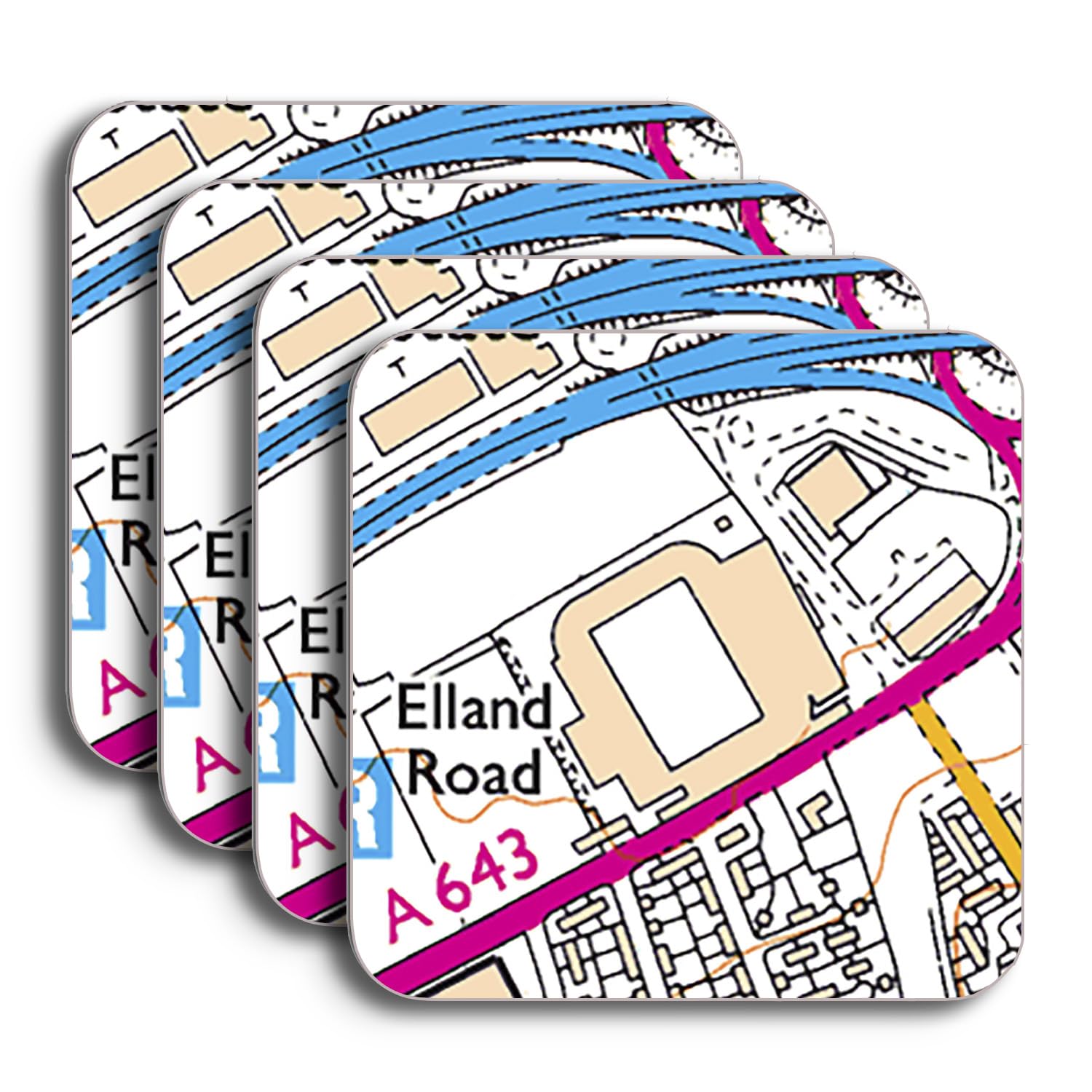 Leeds Utd Football Ground Map Coaster Set, Elland Road Stadium Map Set of 4 Coasters, Coaster Gift Set for Leeds United Supporter