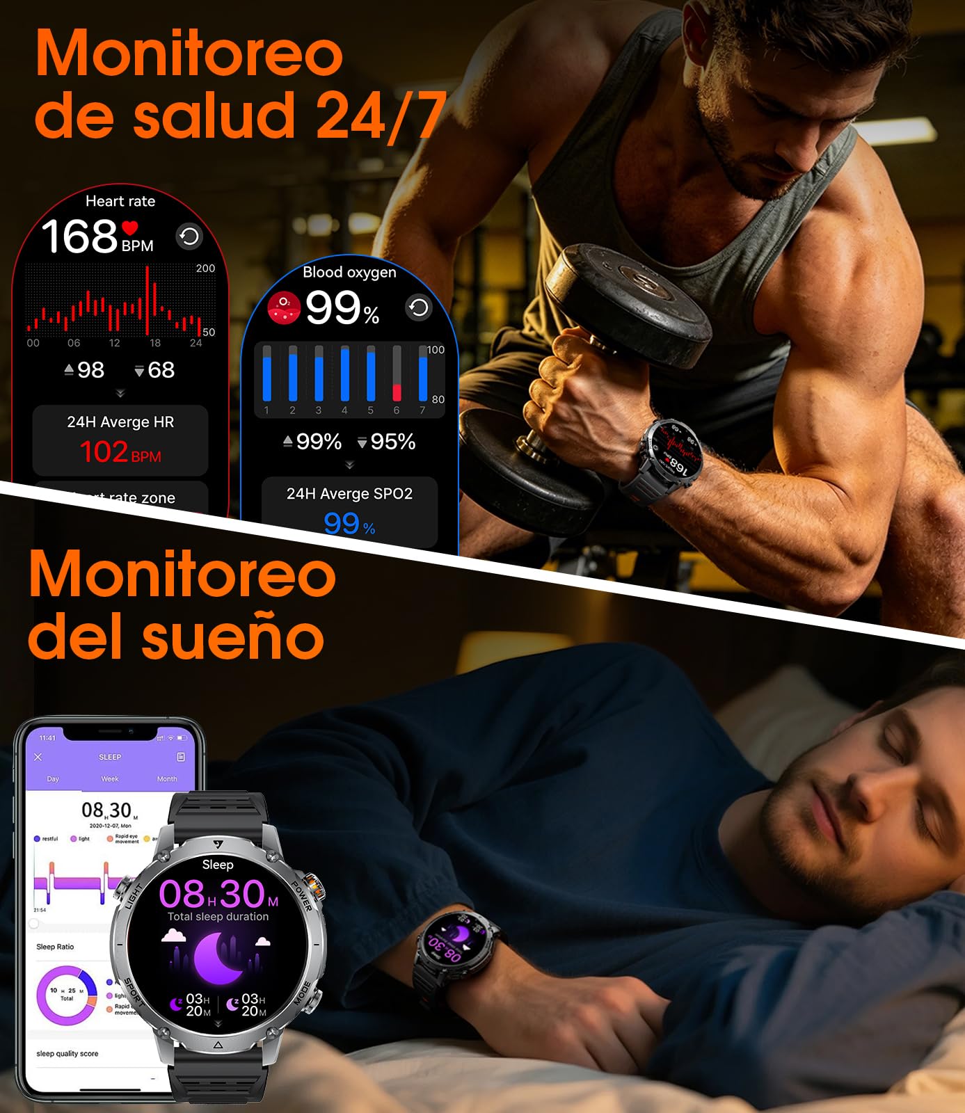 LIGE Smartwatch Hombre Militar, Batería 1400mAh, Pantalla HD 1,7", Llamadas Bluetooth, 110+ Modos Deportivos, Linterna LED, IP68 Impermeable, Reloj Inteligente Hombre Android iOS, 2 Correa