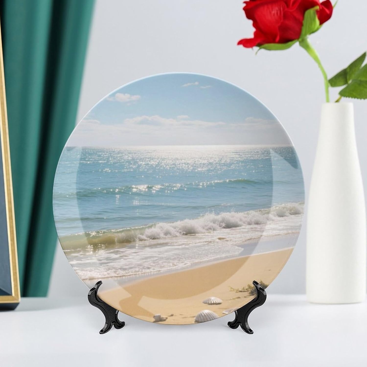 Bone China Decorative Plates Shells Beach Waves Ceramic Decorative Plate Wall Decor with Display Stand Ceramic Ornaments for Wall Hanging Decoration