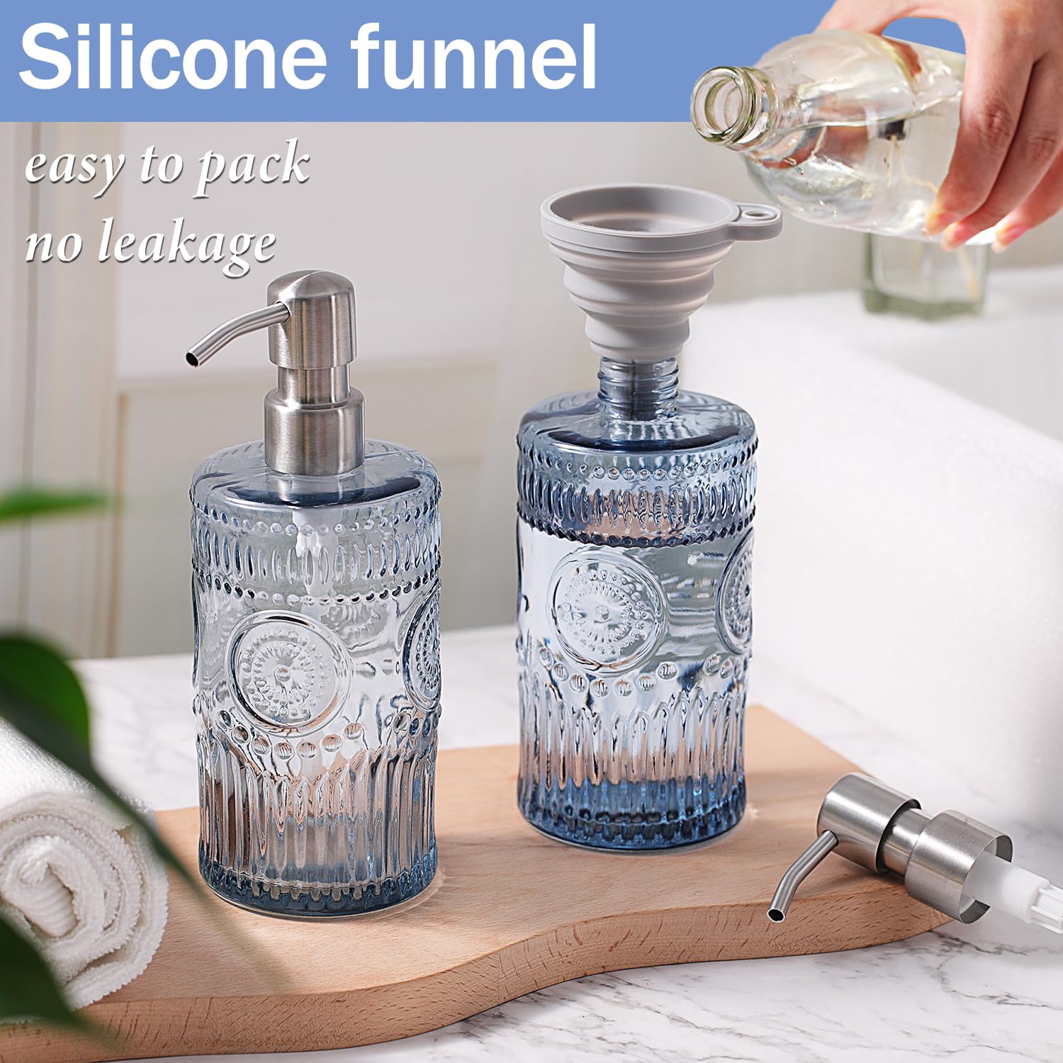 2 confezioni di dispenser di sapone blu da 500 ml, ricaricabile, in vetro, con pompa in acciaio inox, per cucina e bagno, elegante design floreale per accessori da bagno