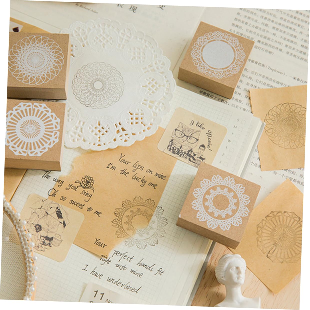 8stücke Lace Printed Wooden Rubber Stamps Lustige Stempel Für Scrapbooking Tagebuch Und Handwerksprojekte Zufällige Designs