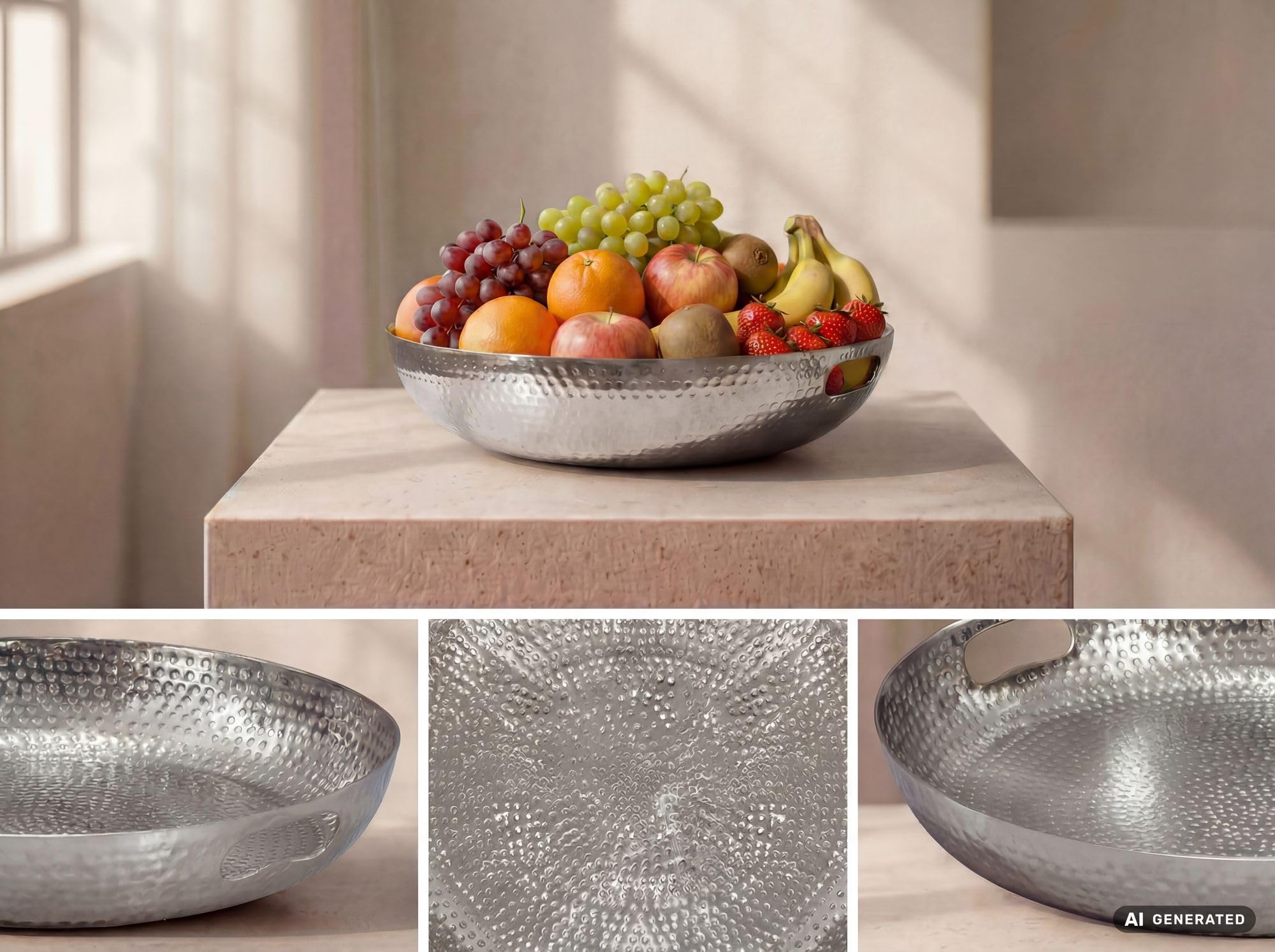 FineBuy Fruttiera 38 x 38 x 7 cm Alluminio Argento Fatta a Mano