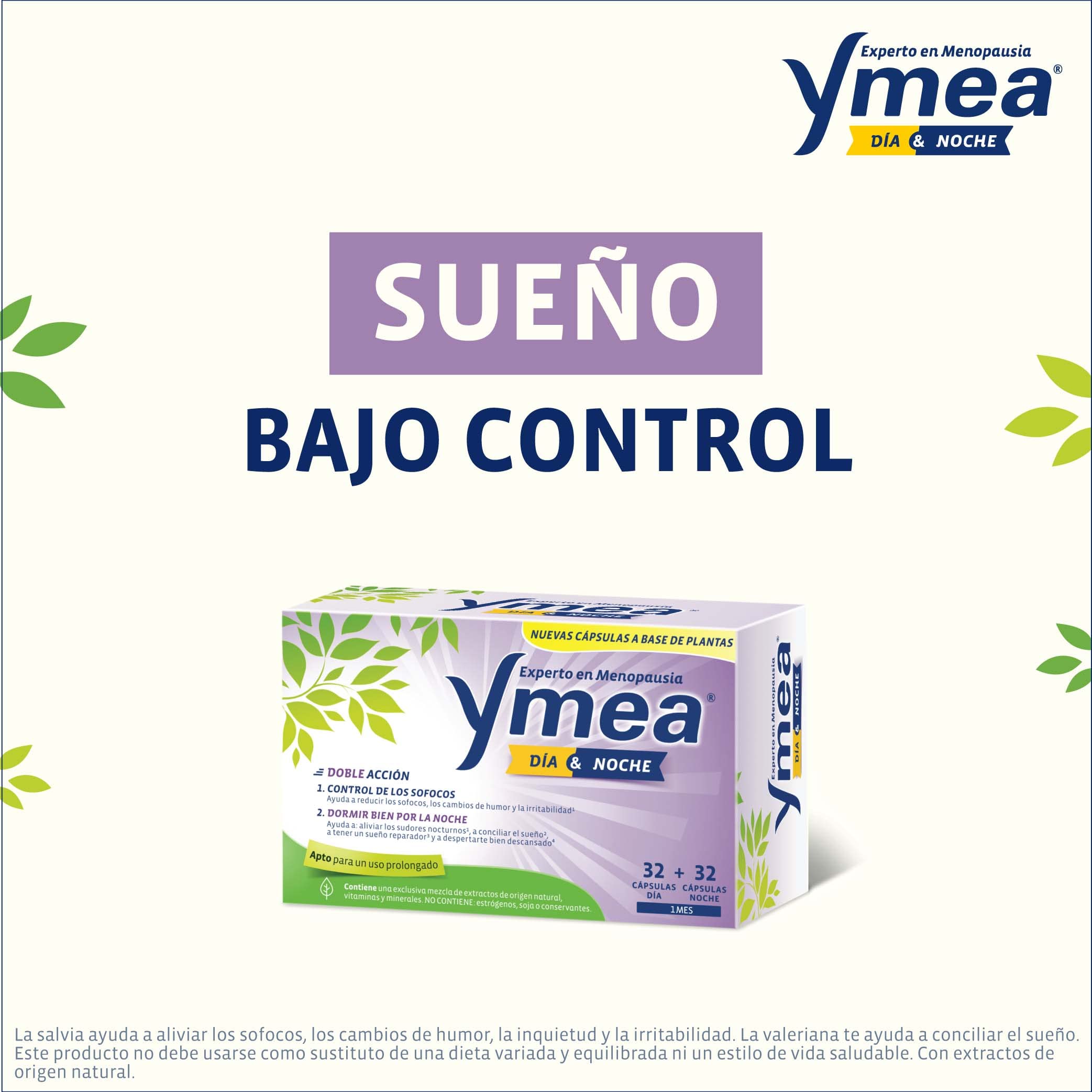 Ymea Menopausia Día y Noche, Control Sofocos y Sueño, Tratamiento 1 Mes - 64 Cápsulas (Paquete de 2)