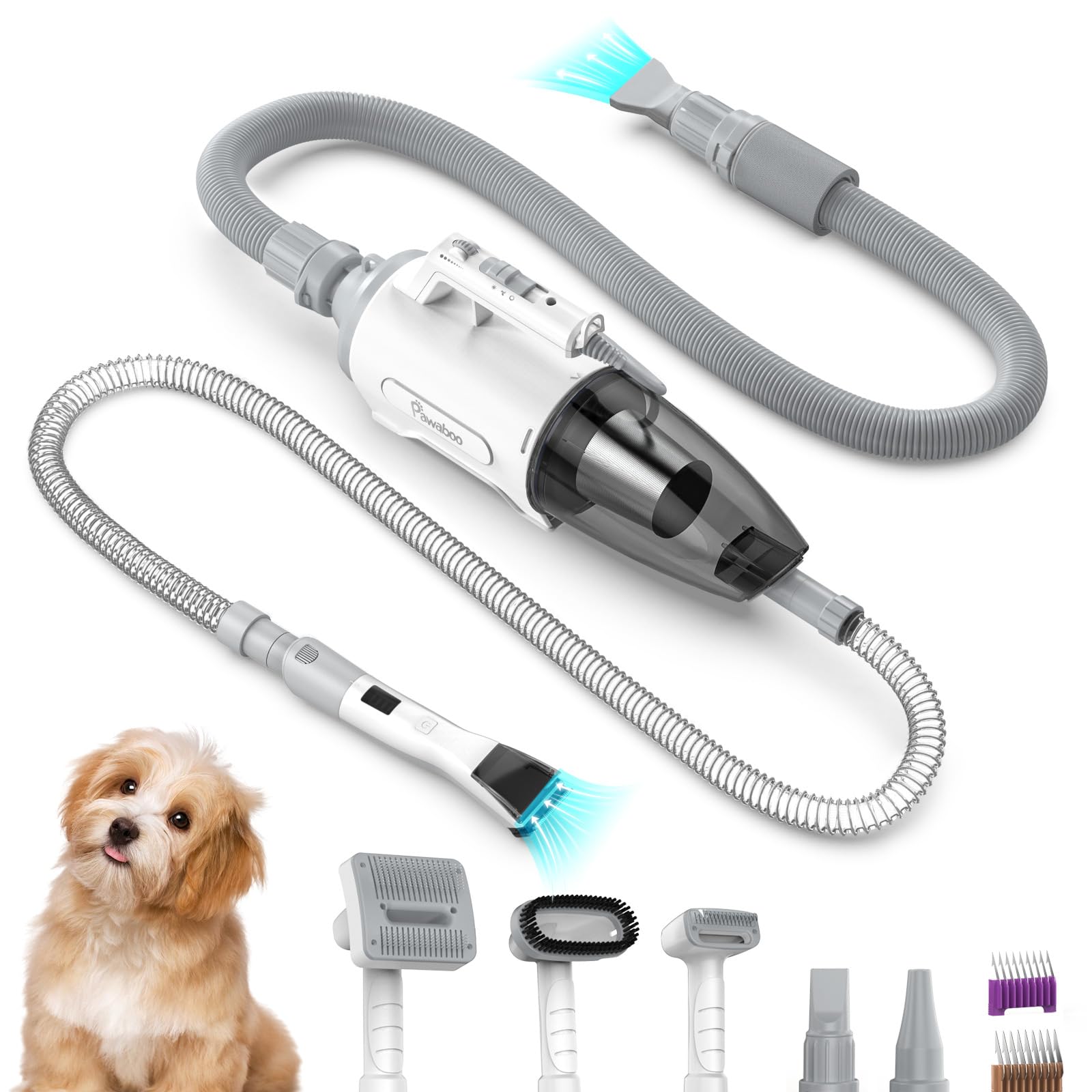 Pawaboo Dog Hair Vacuum and Dryer All at One, Dog Grooming Kit with Dog Clippers & 7 Grooming Tools for Drying & Shedding Pet Hair, Dog Hair Dryer with Adjustable Speed Temperature, Darkgray + White