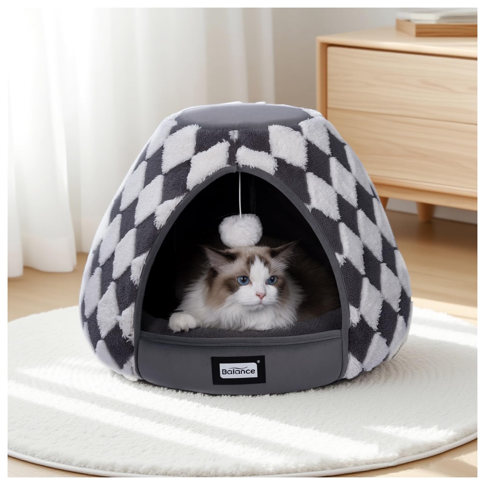 BALANCE Cat Beds for Indoor Cats, 2-in-1 Cat Bed Cave with Anti-Slip Bottom and Ultra-Soft Plush, Cozy Cats House Tent for Kittens and Small Dogs, 21