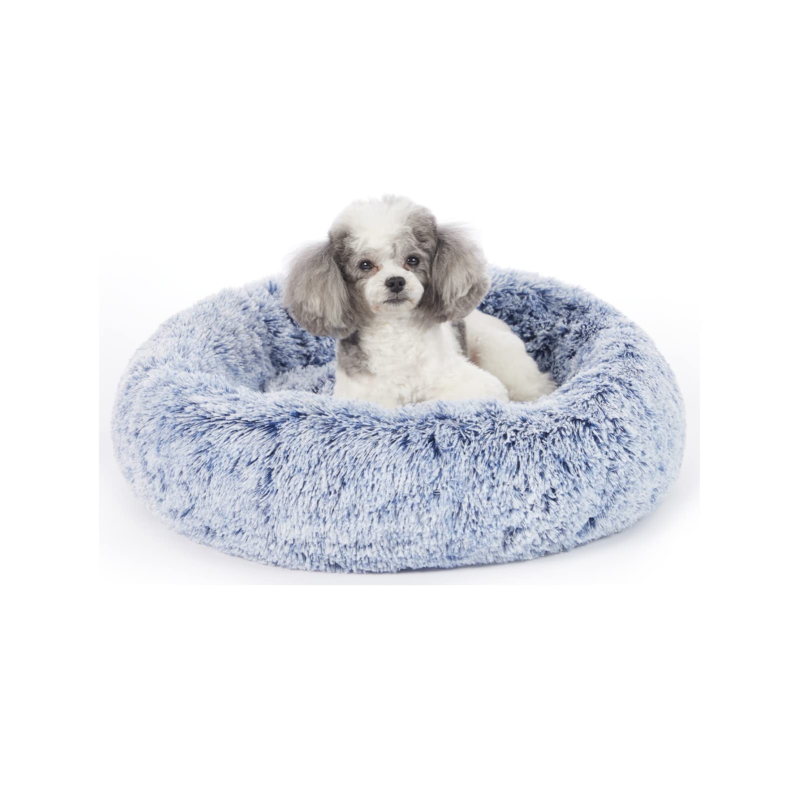 Bedfolks Calming Donut Dog Bed, 23 Inches Round Fluffy Dog Beds for Small Dogs, Machine Washable Anti-Anxiety Plush Puppy Bed（Navy Blue, Small）
