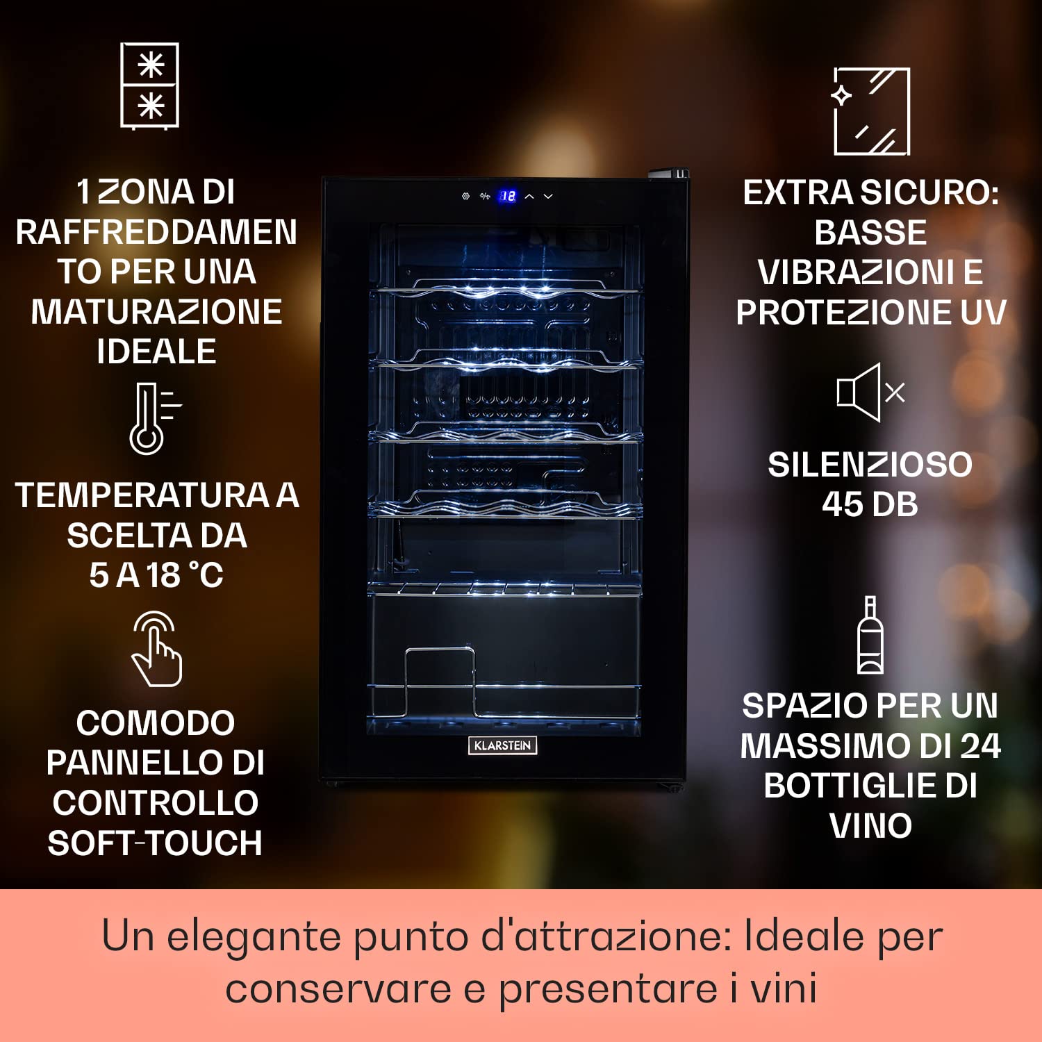 KLARSTEIN Cantinetta Vino Design, Cantinetta Vino Refrigerata a Zona Singola per Vino Rosso, Bianco e Birra, Controlli Touch, Frigo Vino Cantinetta per Esterno/Interno, 5-18°C, 63L, 24 Bottiglie