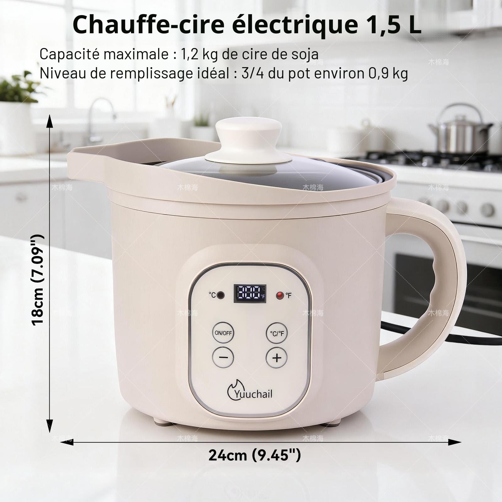 Yuuchail Fondoir à Cire Électrique 1,5 L - Affichage Numérique, Contrôle Précis de la Température (30-150°C), Arrêt Automatique 3 Heures - Pot à Cire pour Fabrication de Bougies