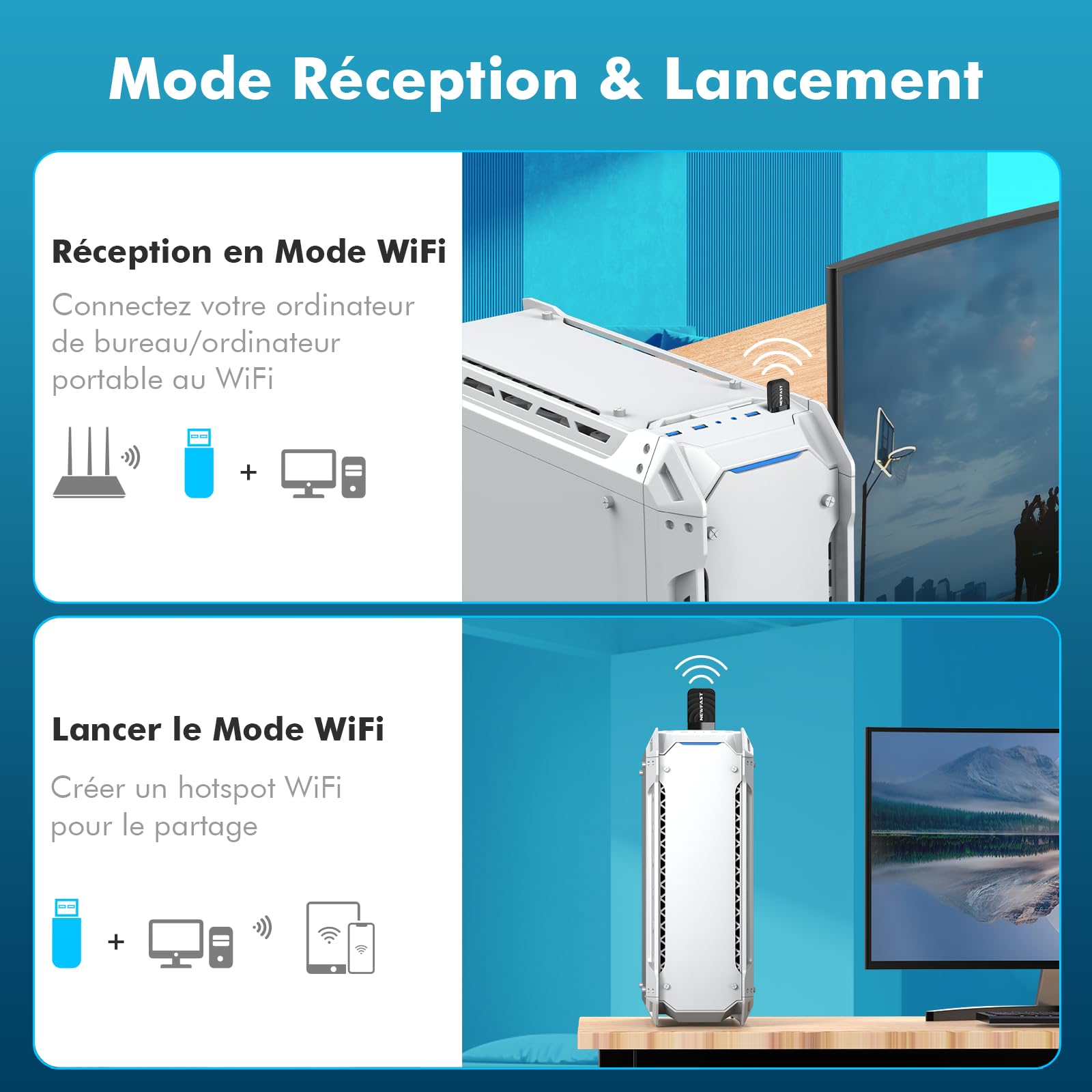 NEWFAST Clé WiFi AC1300 Mbps NF-U323, Nano Adaptateur USB WiFi Double Bande 2.4G/5GHz, MU-MIMO USB 3.0
