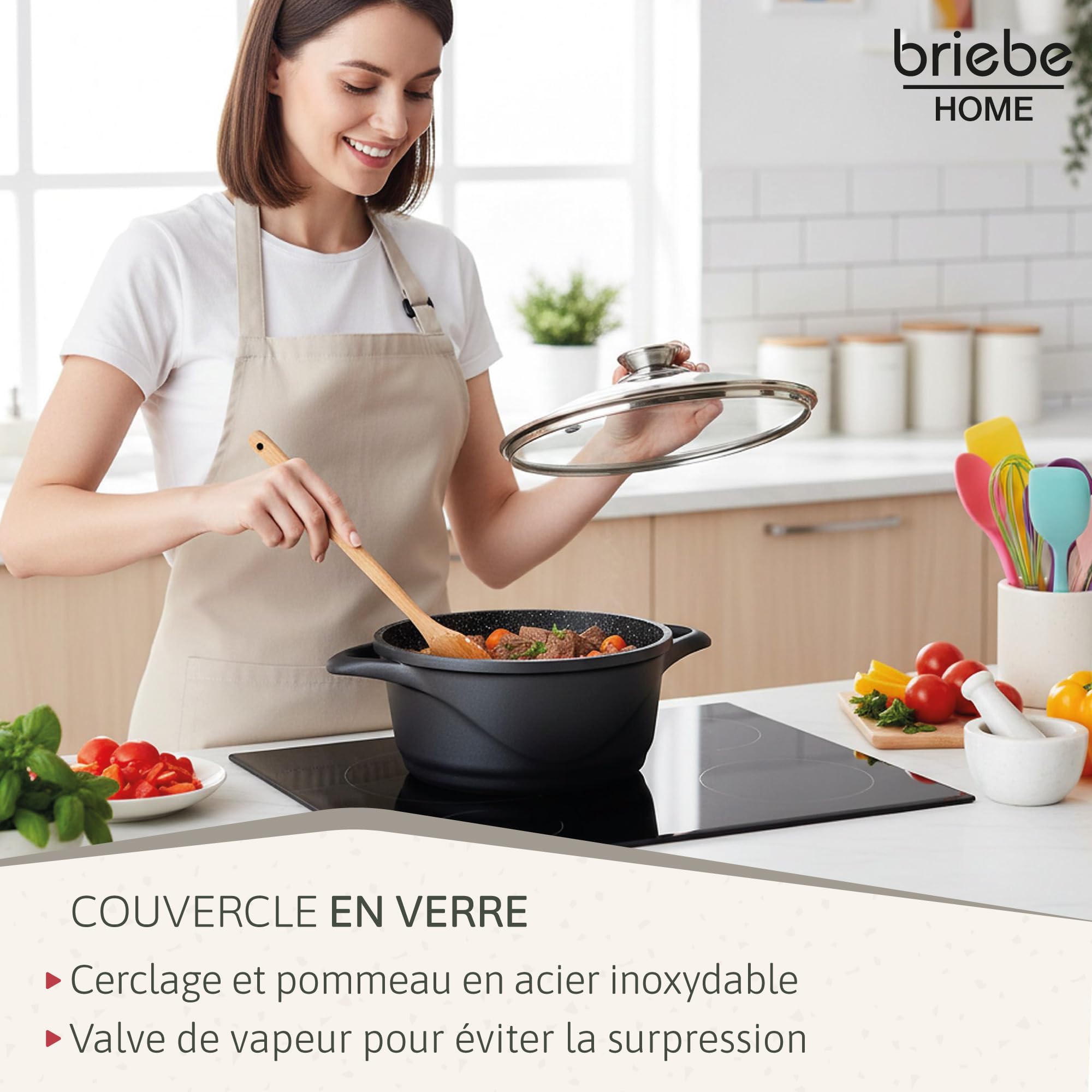 briebe Batterie de Cuisine Induction 8 Pièces, Ensemble de 4 Casseroles en Fonte d'Aluminium, Antiadhésive ILAG GRANITEC sans PFOA, Couvercles en Verre, Gants en Silicone, Tout Feux et Four, MGK-12