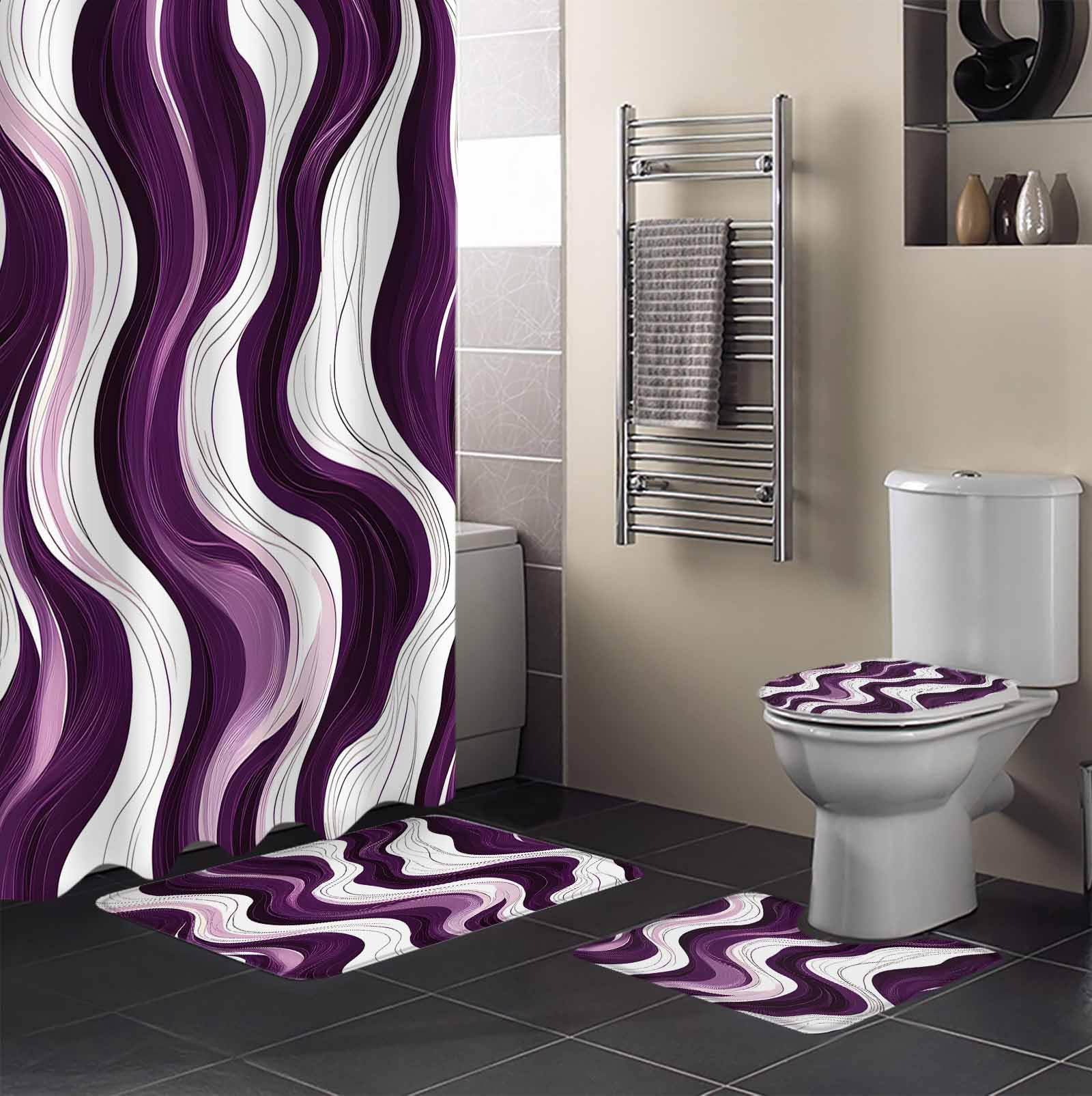 Purple Stripe Bathroom Set with Shower Curtain and Rug and Accessories - 36x72 Inches Long Geometric White Wave Modern Ocean Stall Curtain Waterproof with Small Bath Mat, Washable Runner Rug Set