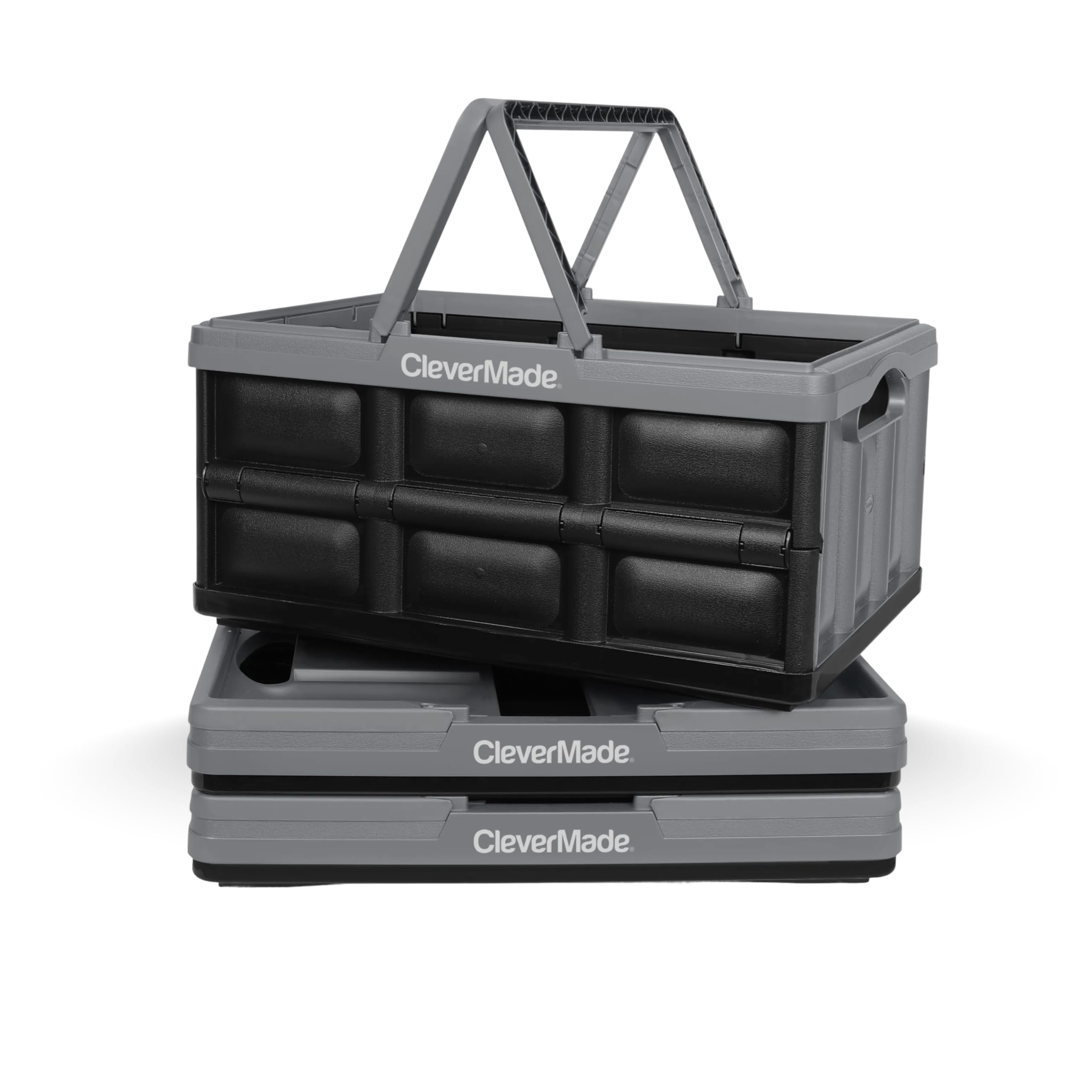 CleverMade Collapsible Shopping Basket 32L, 3 Pack – Folding Grocery Basket with Handles, Stackable Reusable Storage Crate with 35 lb Capacity,