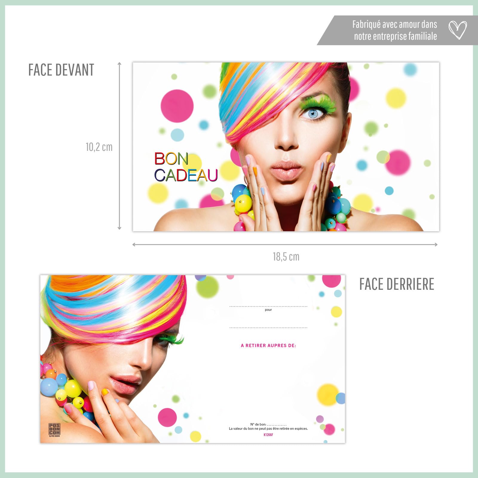 POS BON - 100 bons cadeaux à remplir avec enveloppe/nœud ruban - formulaires imprimés pour des salons de coiffure K1266F-2-100-V1