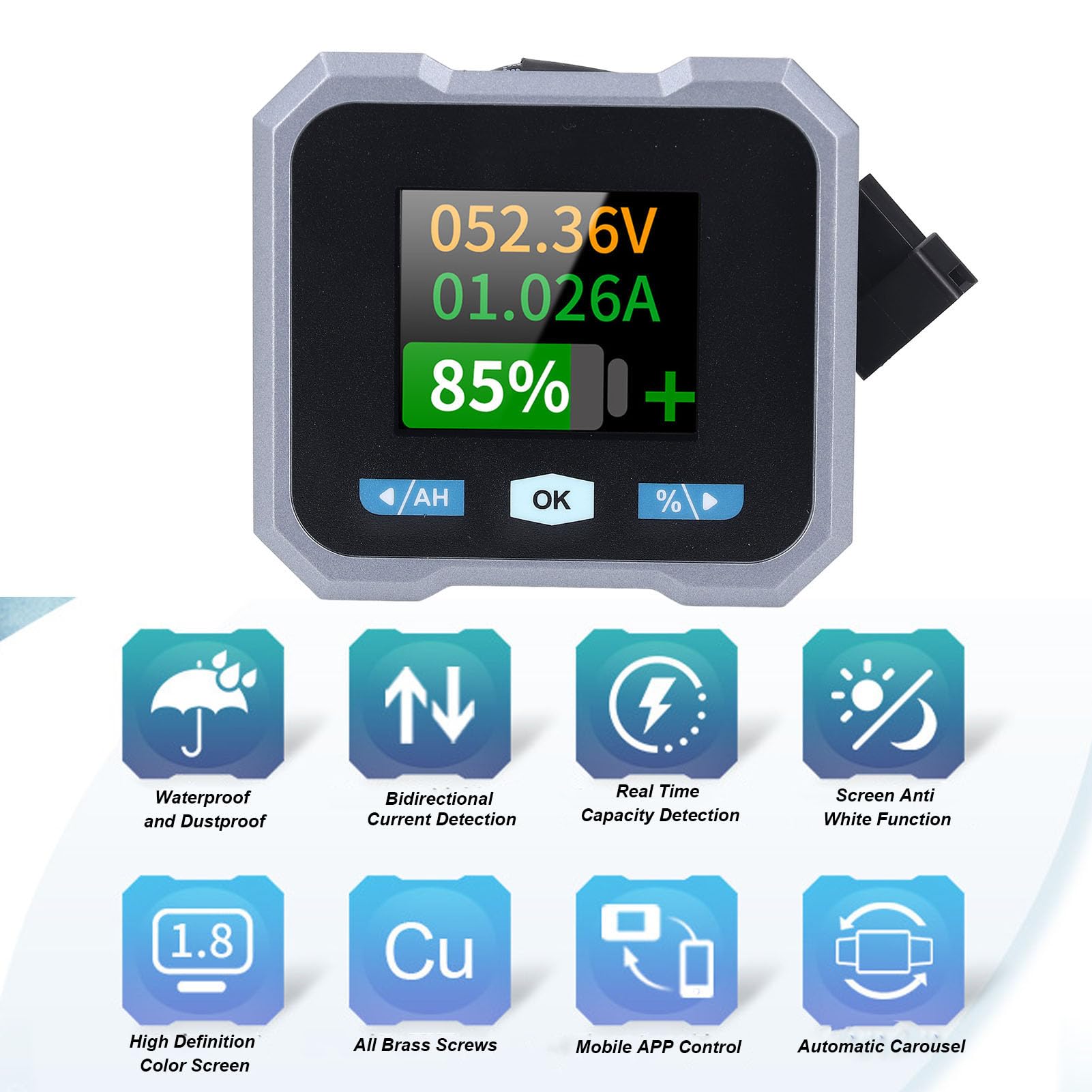 Batteriemonitor mit Shunt, 100 A, 10–100 V, Digitales Strom-Voltmeter, Amperemeter für Wohnmobil, Motorrad, Golfwagen, Solarpanel-Batterie mit 1,8-Zoll-Farbbildschirm,