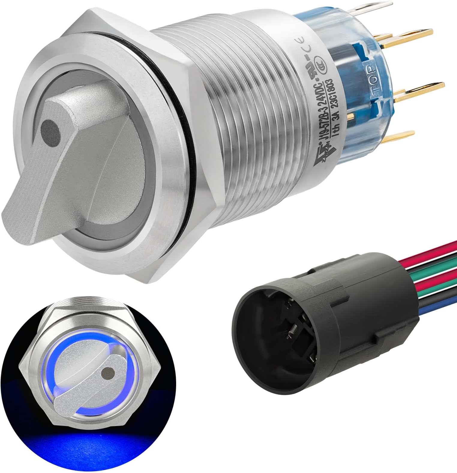 UL Listed 3 Position Rotary Switch 19mm 3/4" Blue LED Light 12V 24VDC/AC, Latching Selection Switch 5Amp DPDT 2NO 2NC 8Pin On Off On UL Certification