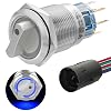 UL Listed Rotary Switch 19mm 3/4 2 Position Stainless Steel 2NO 2NC DPDT with Blue LED Light Latching Selection Switch 12V 24VDC/AC 8 Pin with Wire Socket