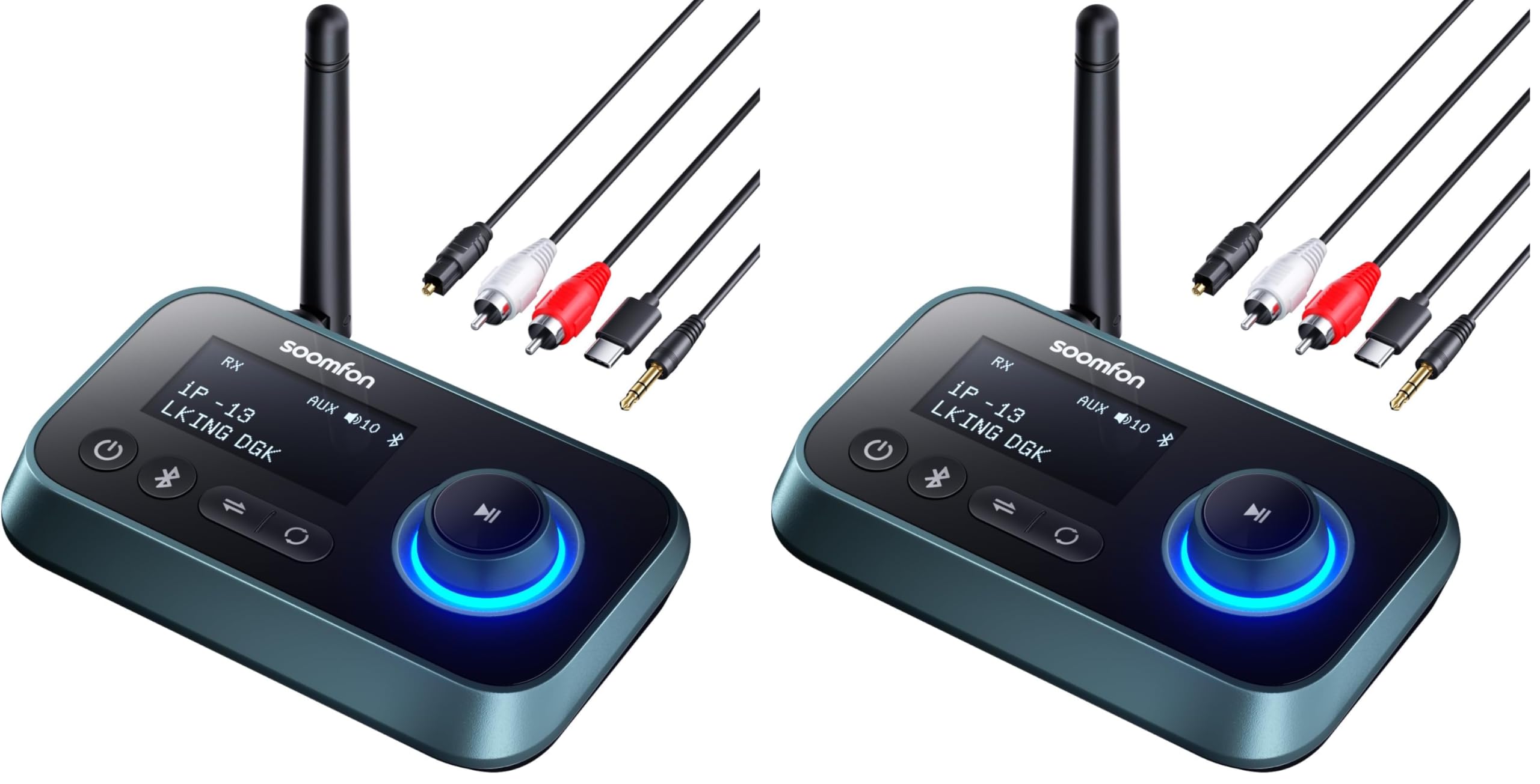SOOMFON Émetteur Récepteur Bluetooth 5.0, 3 en 1 Adaptateur Audio Double Connexion, Recepteur Transmetteur Bluetooth AUX/RCA/Optique, Transmetteur Récepteur vers TV/Casque/Enceintes/Stéréo (Lot de 2)