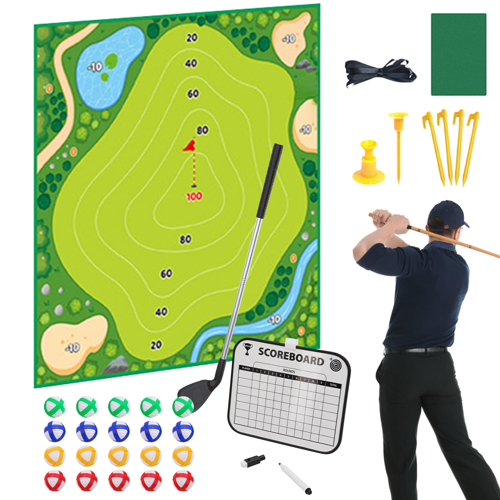 Zestaw samoprzylepnych mat golfowych z chipem, samoprzylepna mata uderzeniowa - dwustronny zestaw do gry w golfa z 20 piłkami - dla rodziny, golfistów, treningu i ćwiczeń wewnątrz i na zewnątrz