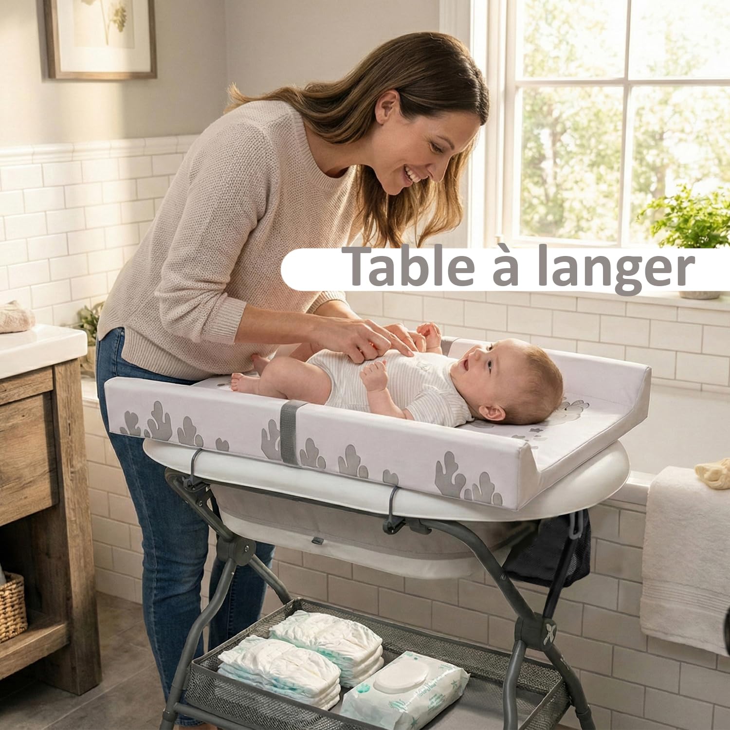 Table à Langer Bébé 2-en-1 avec Baignoire Pliable Pied Hauteur Ergonomique Thermomètre Gris