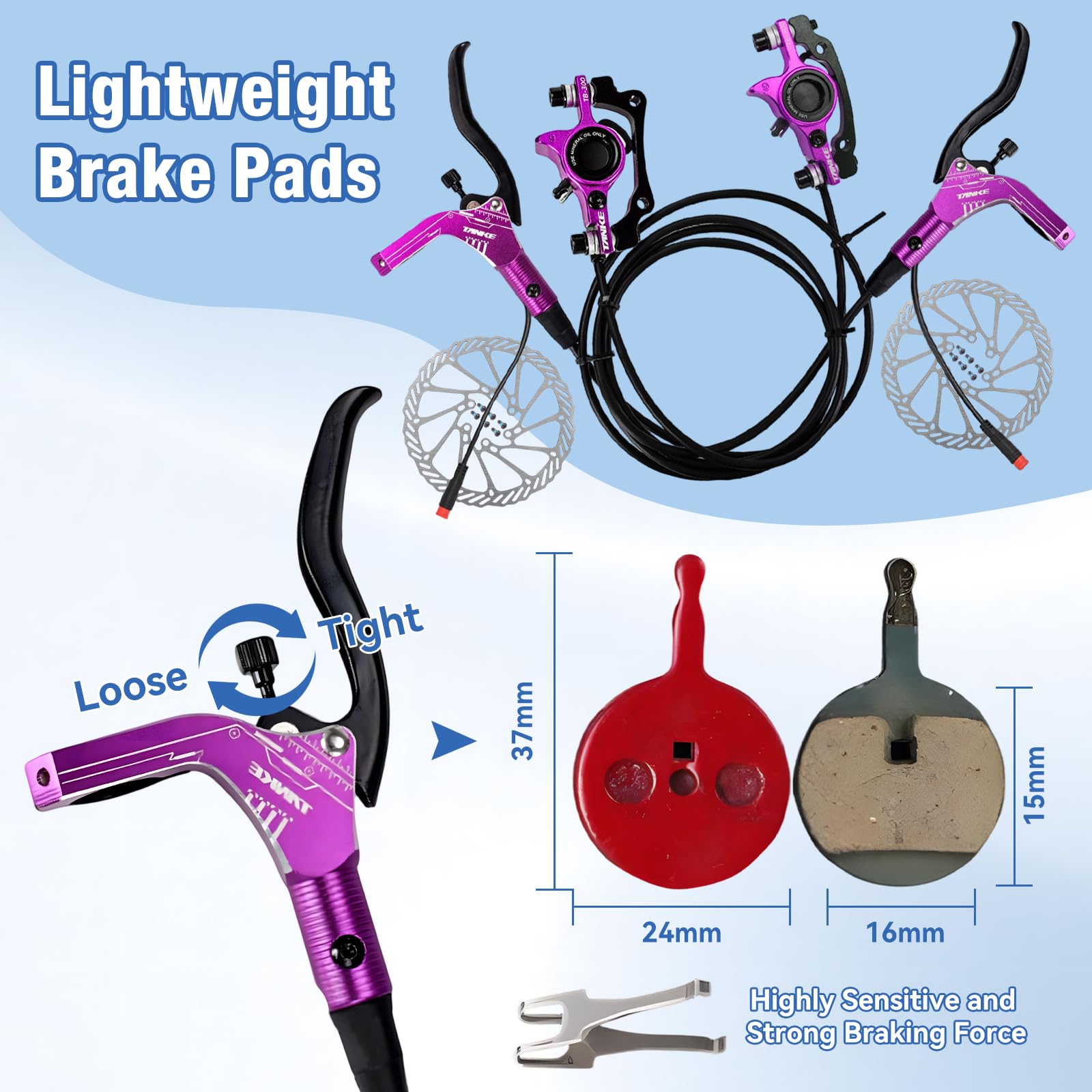 Buachois Fahrrad Scheibenbremssätze, Hydraulisches E-Bike Bremsenkit mit 160-mm-Bremsscheiben, Links vorne 89 cm und rechts hinten 147 cm Öldruck Bremssattelhebel für Elektrofahrrad Roller